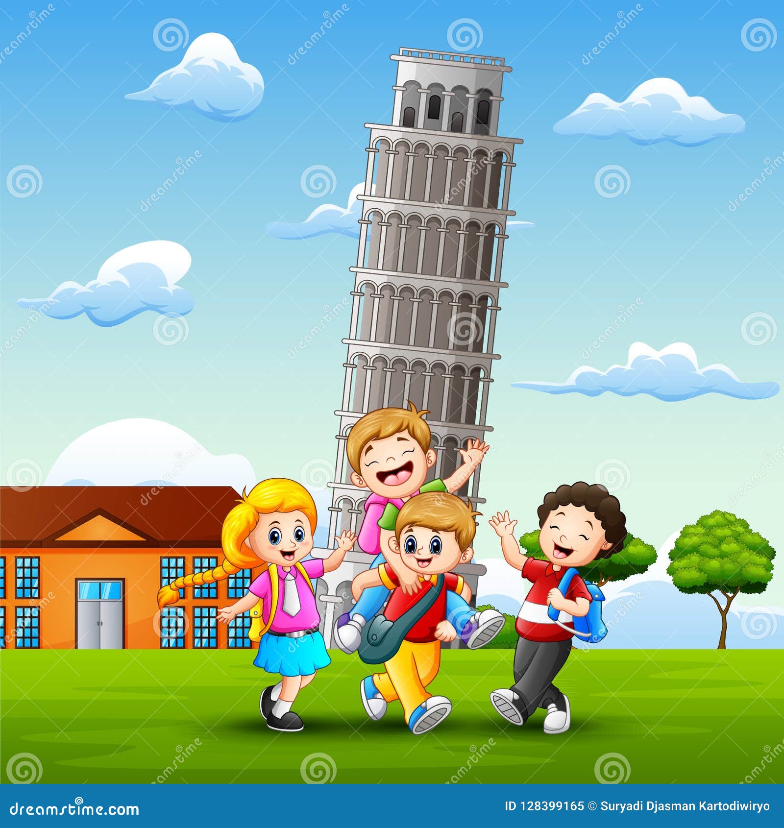 Cartoon Happy Kids in Front of Pisa Tower Background Stock Vector ...