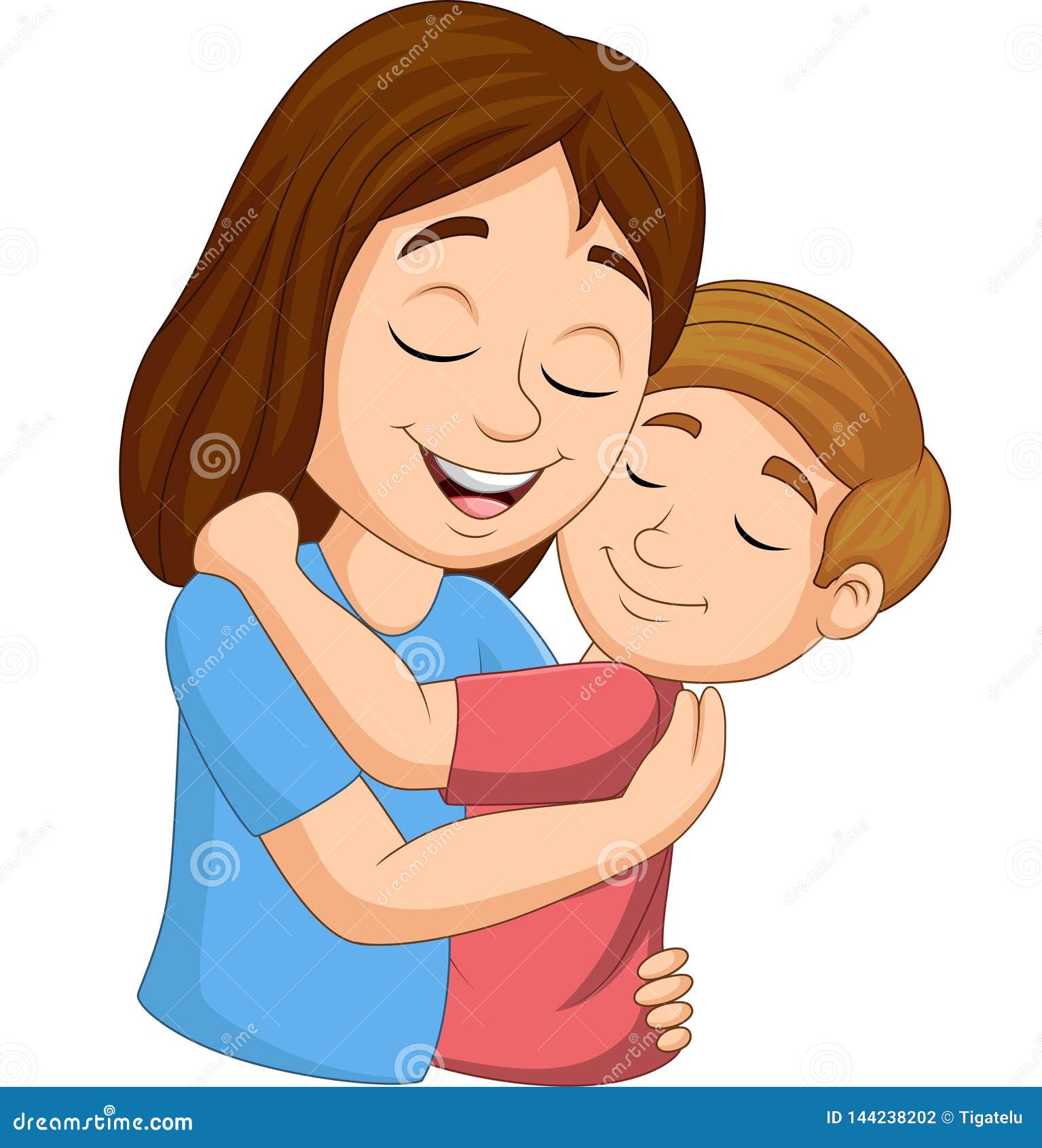 cartoon happy mother hugging her son