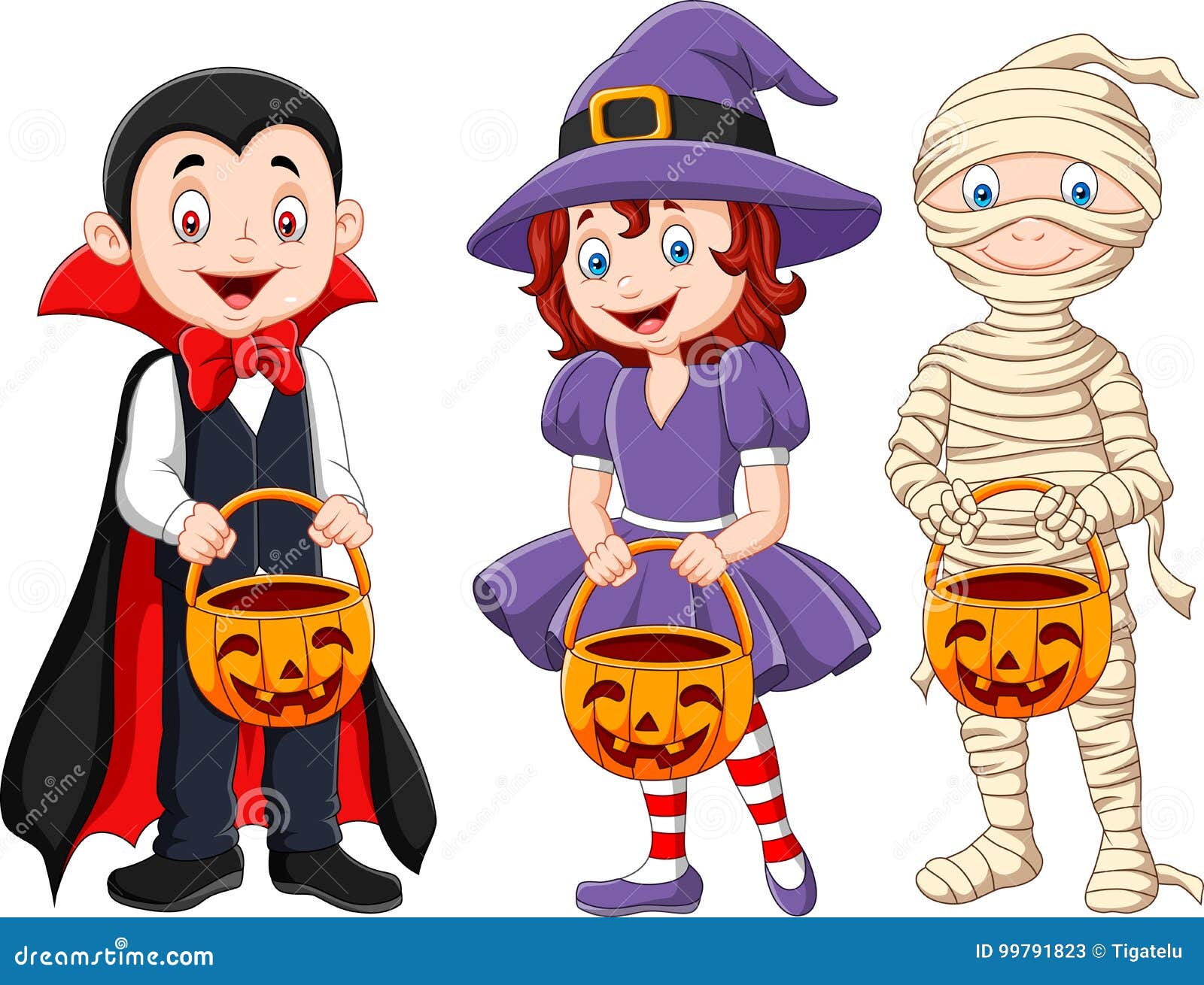 cartoon kids with halloween costume holding pumpkin basket