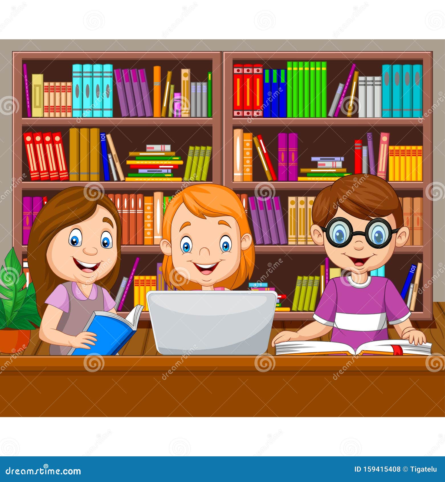 Cartoon Kids Studying in the Library Stock Vector - Illustration of cartoon,  little: 159415408