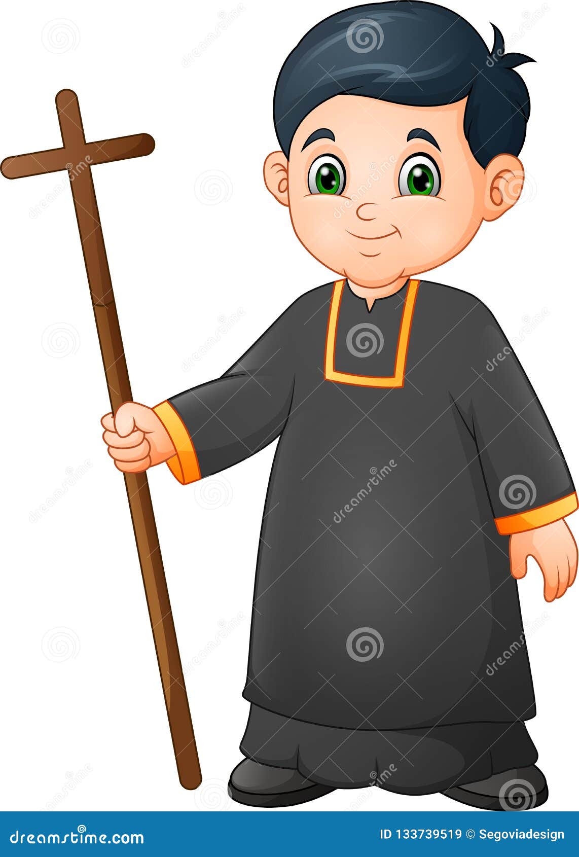 cartoon little boy altar server in uniform holding a cross