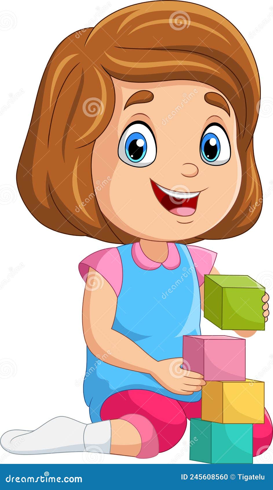 Cartoon Little Girl Playing with Building Blocks Stock Vector ...