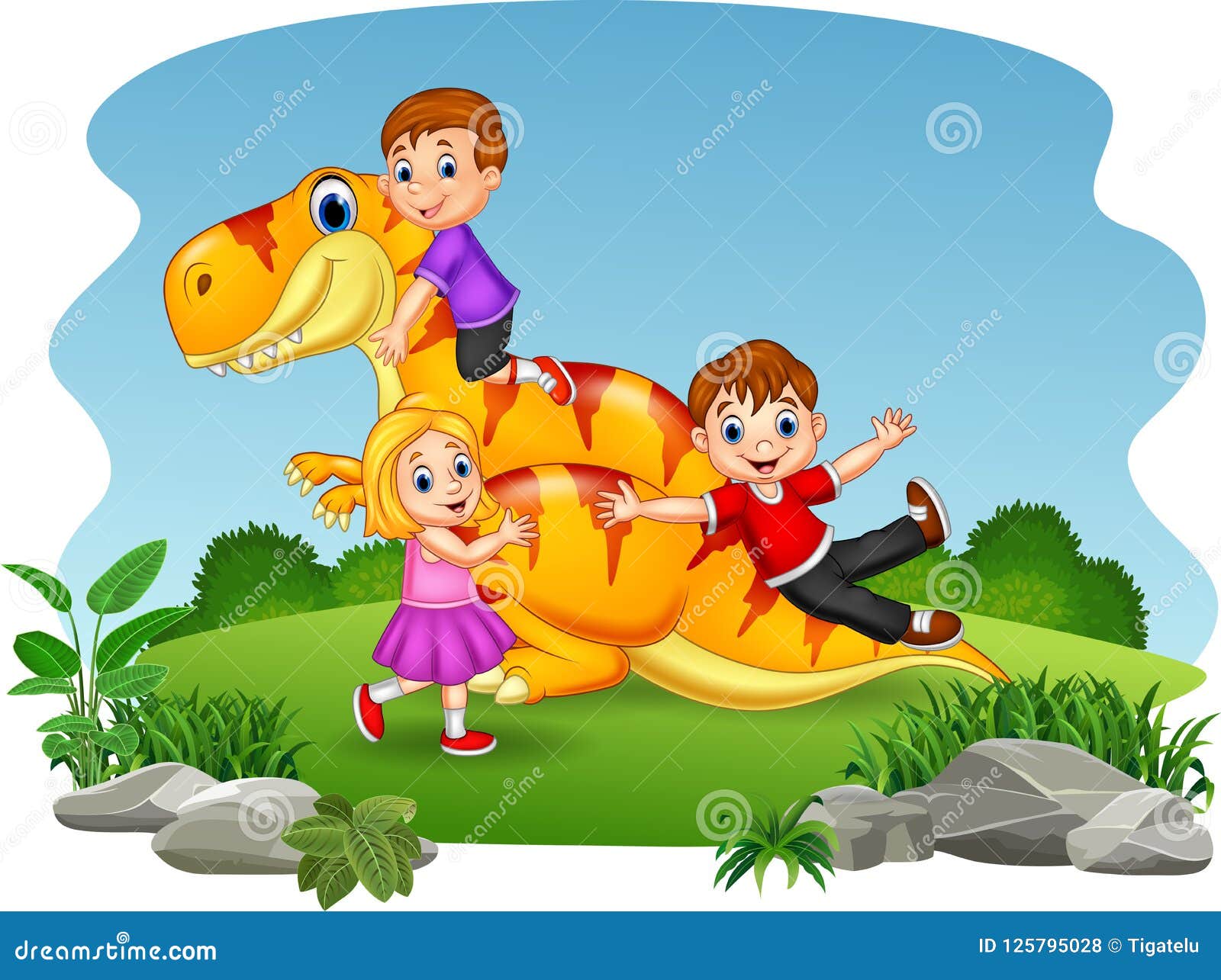 Cartoon Little Kid Playing on the Dinosaur Stock Vector - Illustration of  frightening, hill: 125795028