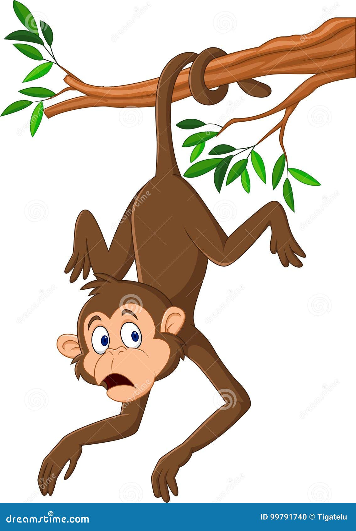 cartoon monkey hanging on the tree branch with his tail
