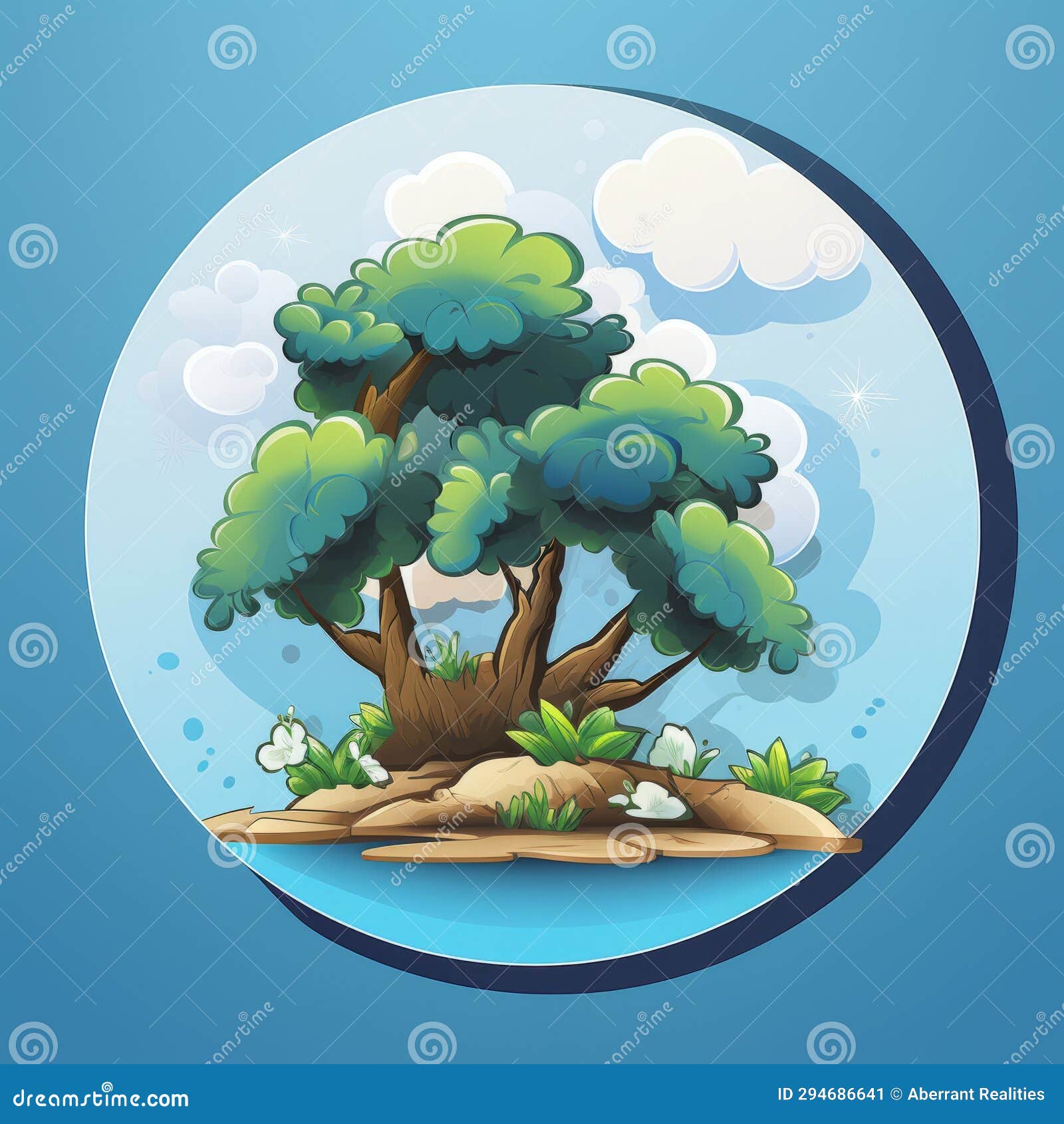 An Illustration of a Cartoon Tree on a Blue Background Stock