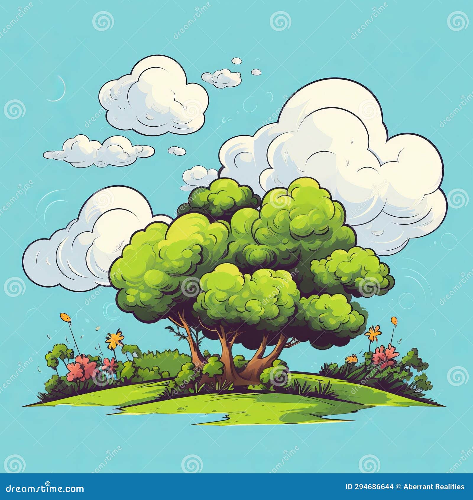 An Illustration of a Cartoon Tree with Clouds in the Sky Stock