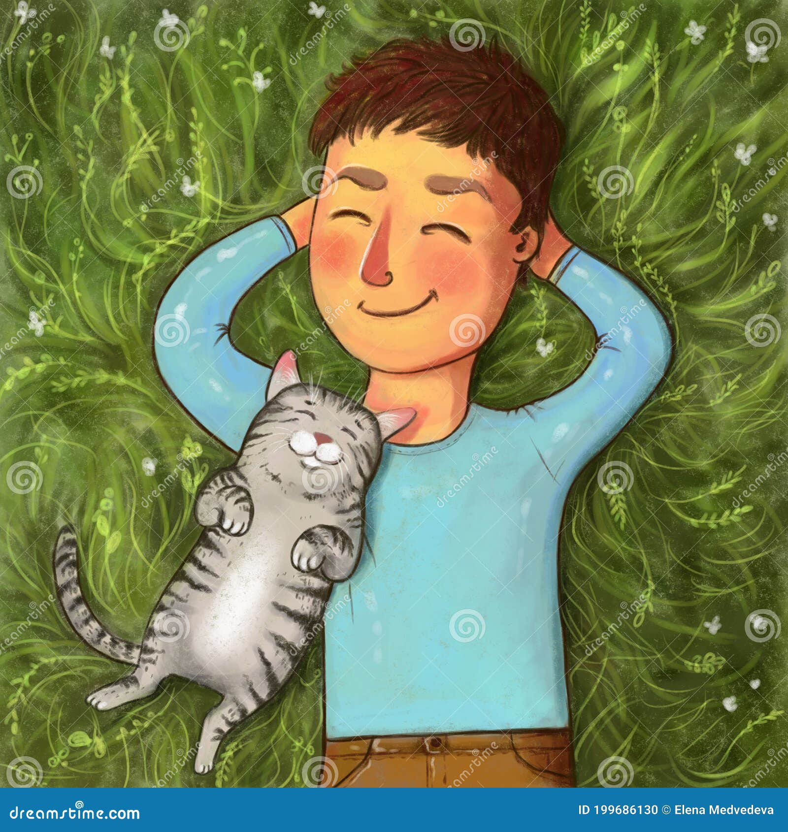 Illustration of a Cat and a Man Lying on the Grass with Smiles. Rest,  Friendship between Man and Cat Stock Illustration - Illustration of mammal,  hand: 199686130