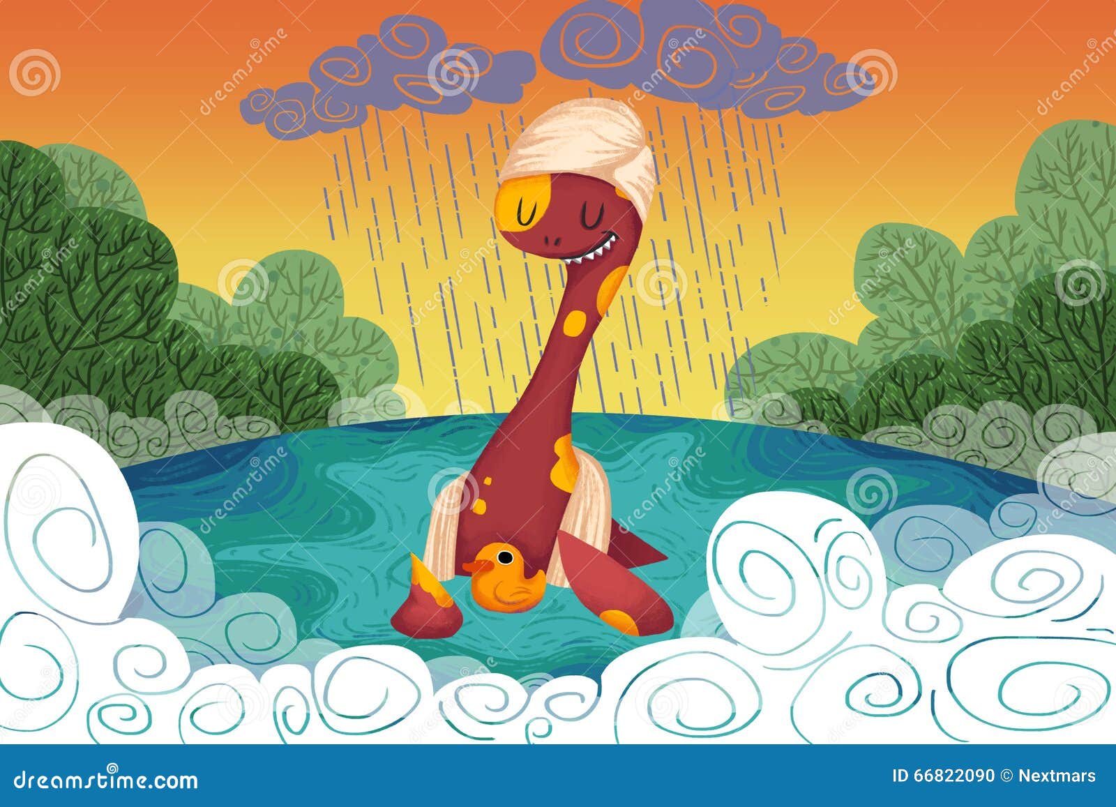  for children: the loch ness monster provides the yellow duck a safe haven when it rains.