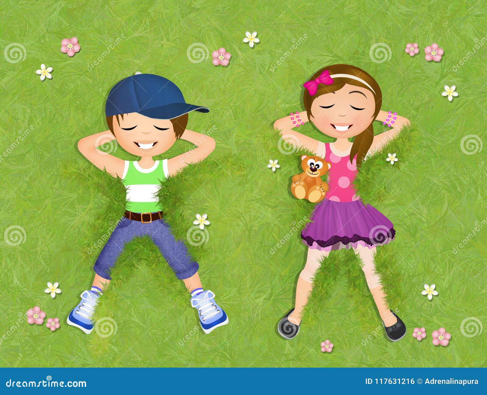 Children Lying on the Grass Stock Illustration - Illustration of