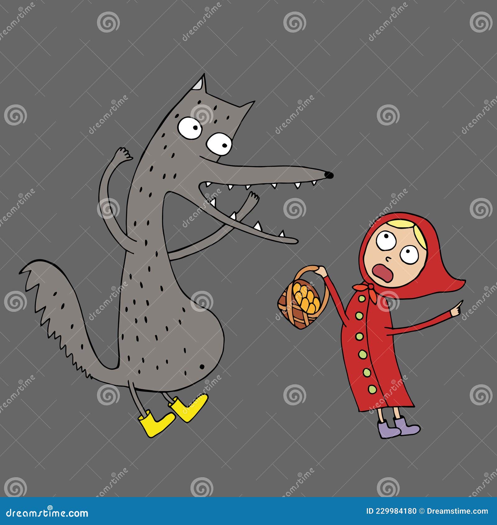 Illustration for a Children S Book. Little Red Riding Hood and Gray Wolf.  Vector. Drawn by Hand in Doodle Style Stock Vector - Illustration of  background, tree: 229984180