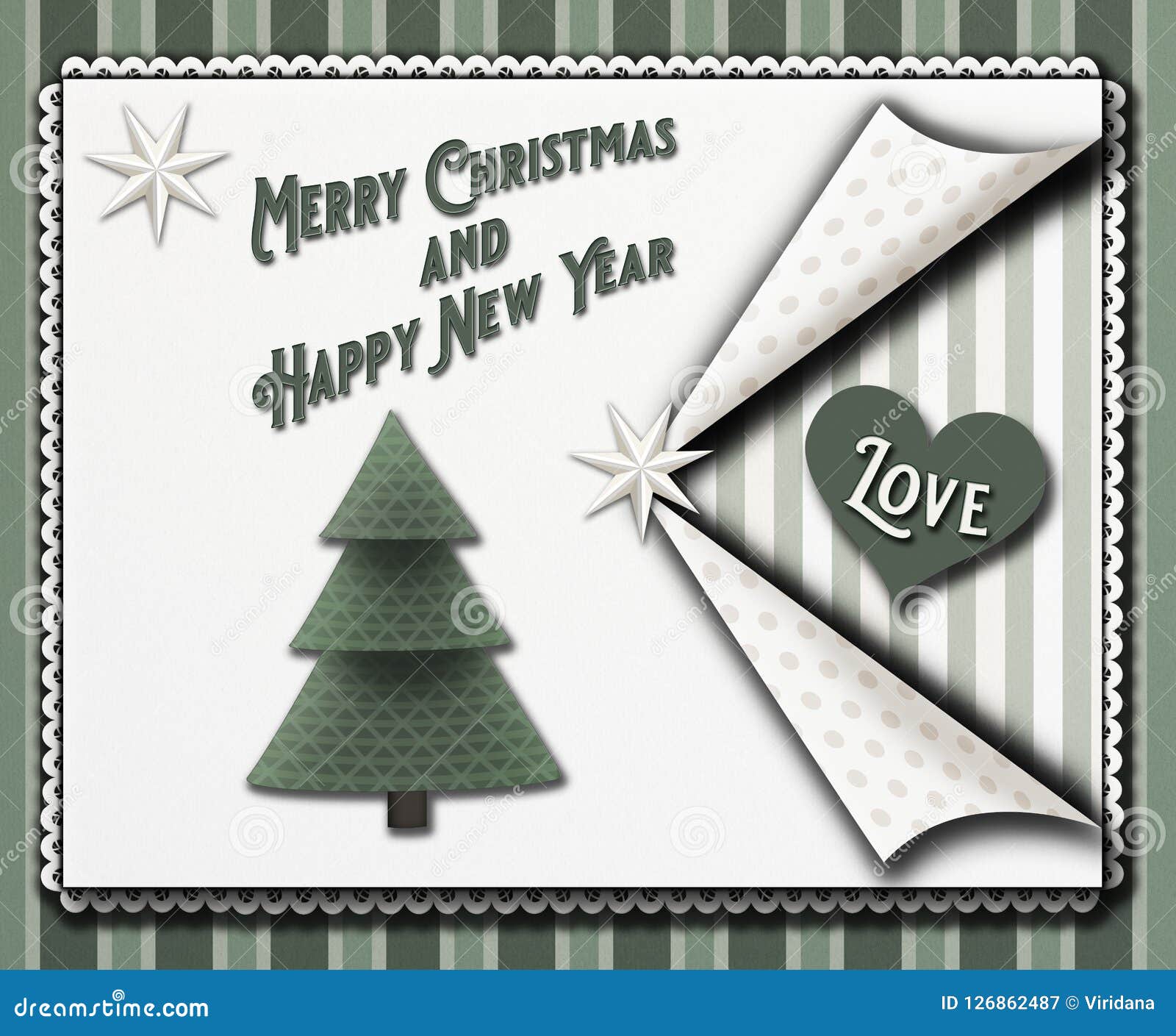 christmas greeting card in a vintage scrapbooking style with stars and a christmastree and the words merry christmas and happy new