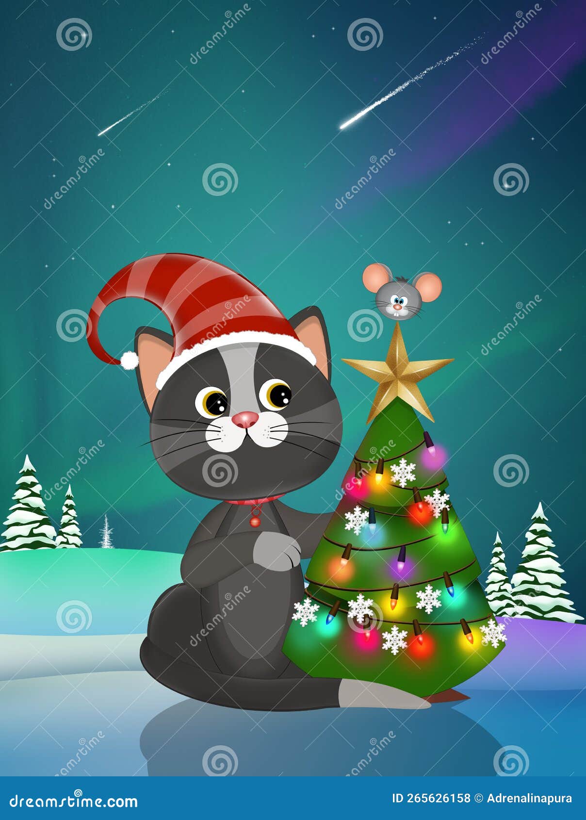 Illustration of Christmas Kitten with Tree Stock Illustration
