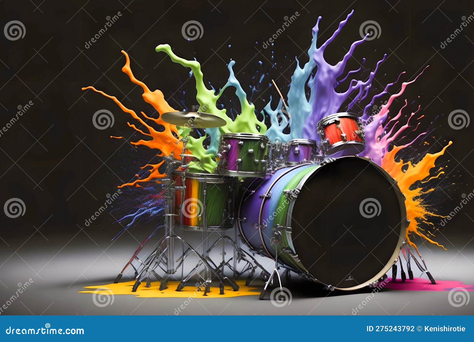 Colorful Drum Set with Paint Splattered on it. Generative AI Stock