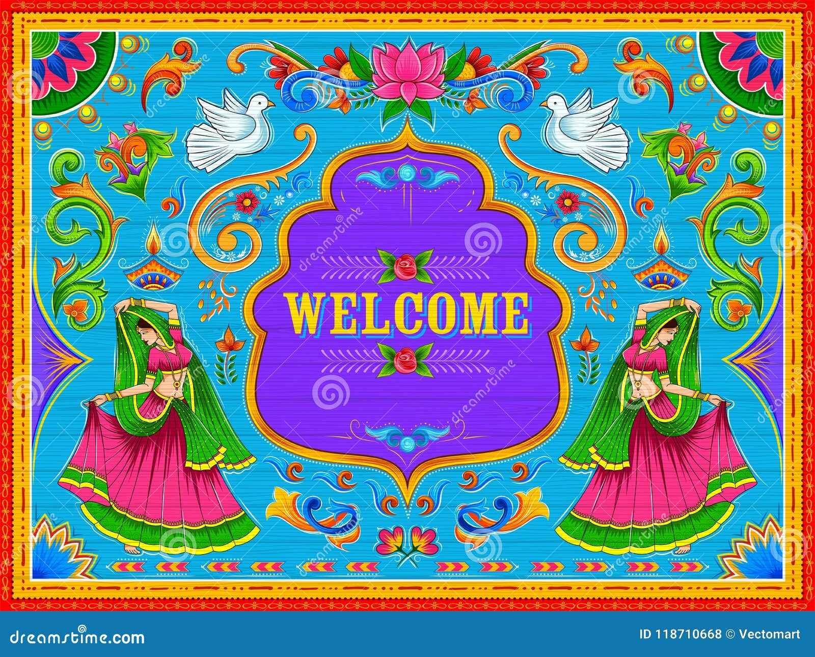 colorful welcome banner in truck art kitsch style of india