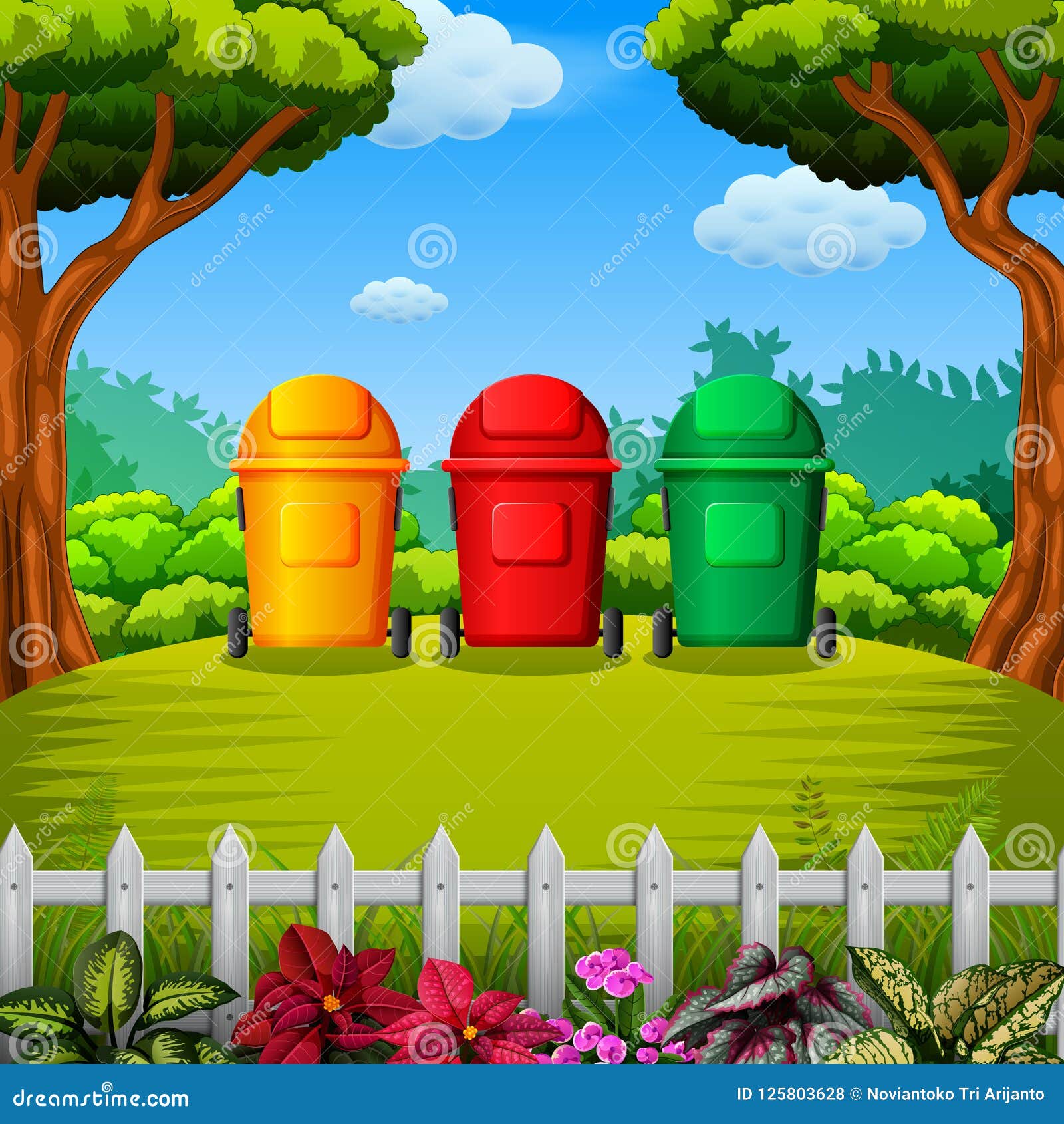 the colorfull trashbin with the garden view