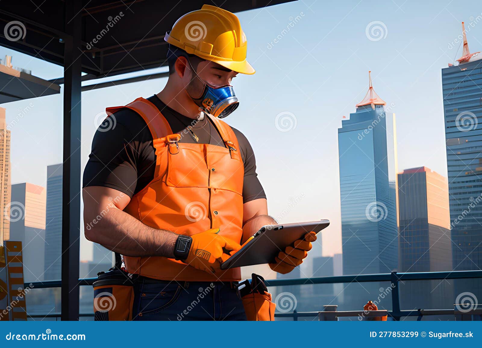 Illustration of Construction Worker Wearing Safety Helm and Vest Stock