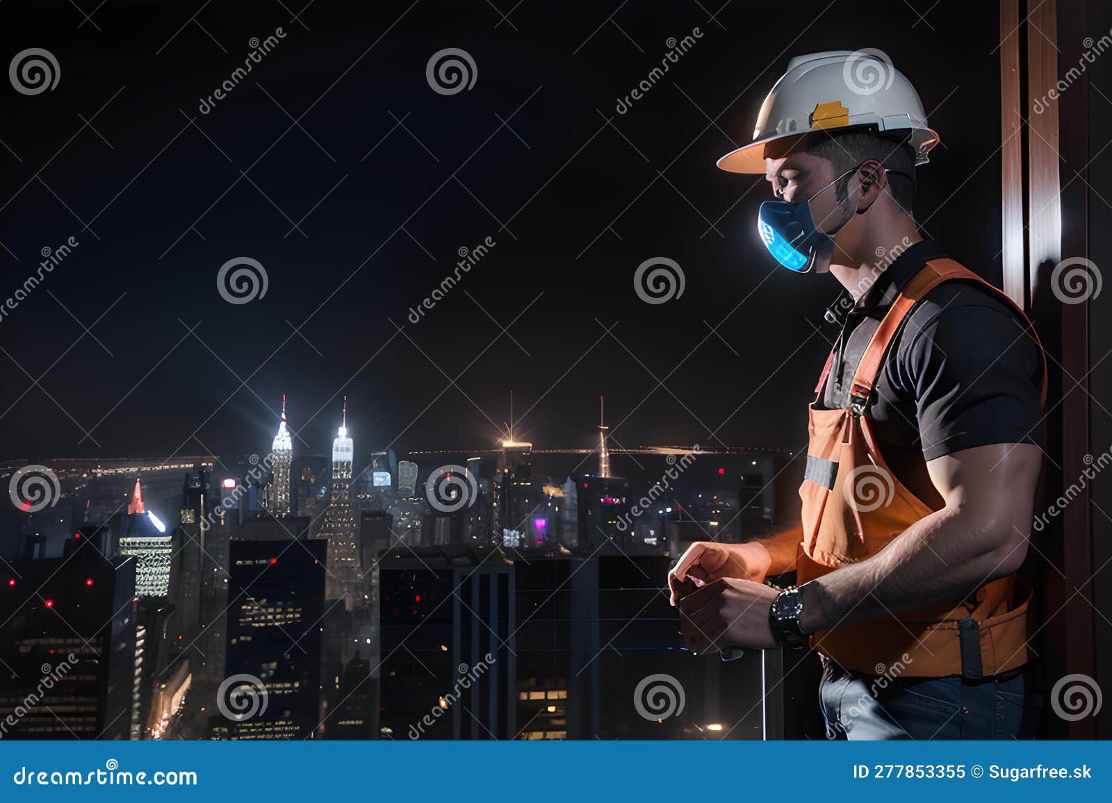 Illustration of Construction Worker Wearing Safety Helm and Vest Stock