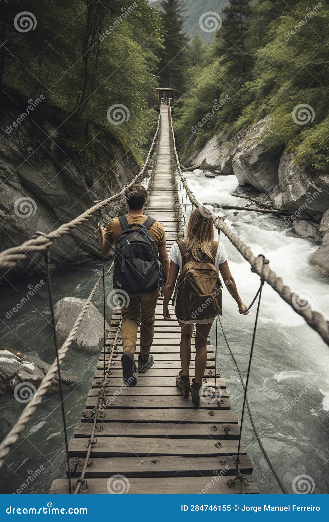 , a couple of hikers crossing a moving bridge, ai generative