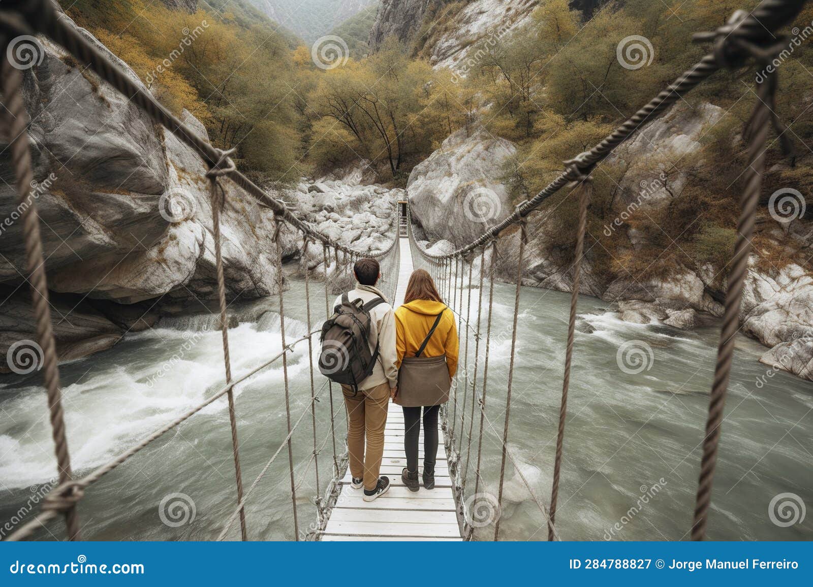 , a couple of hikers crossing a moving bridge, ai generative