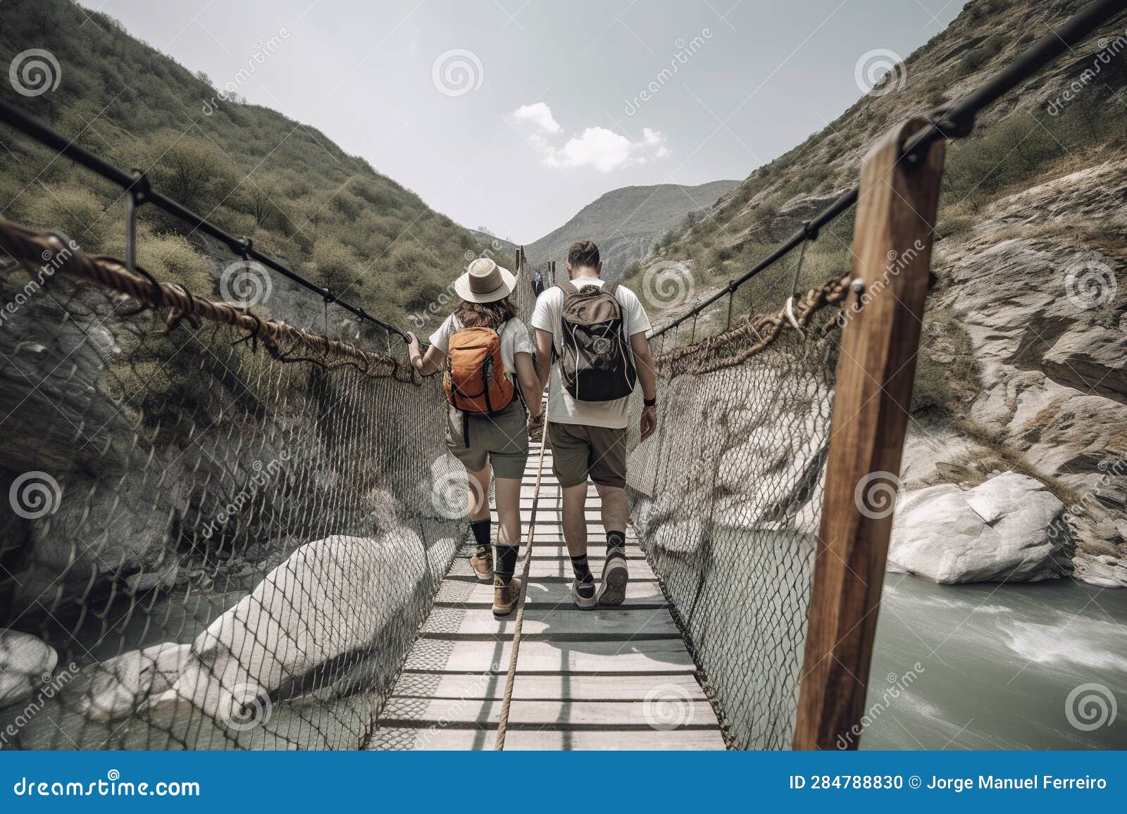 , a couple of hikers crossing a moving bridge, ai generative