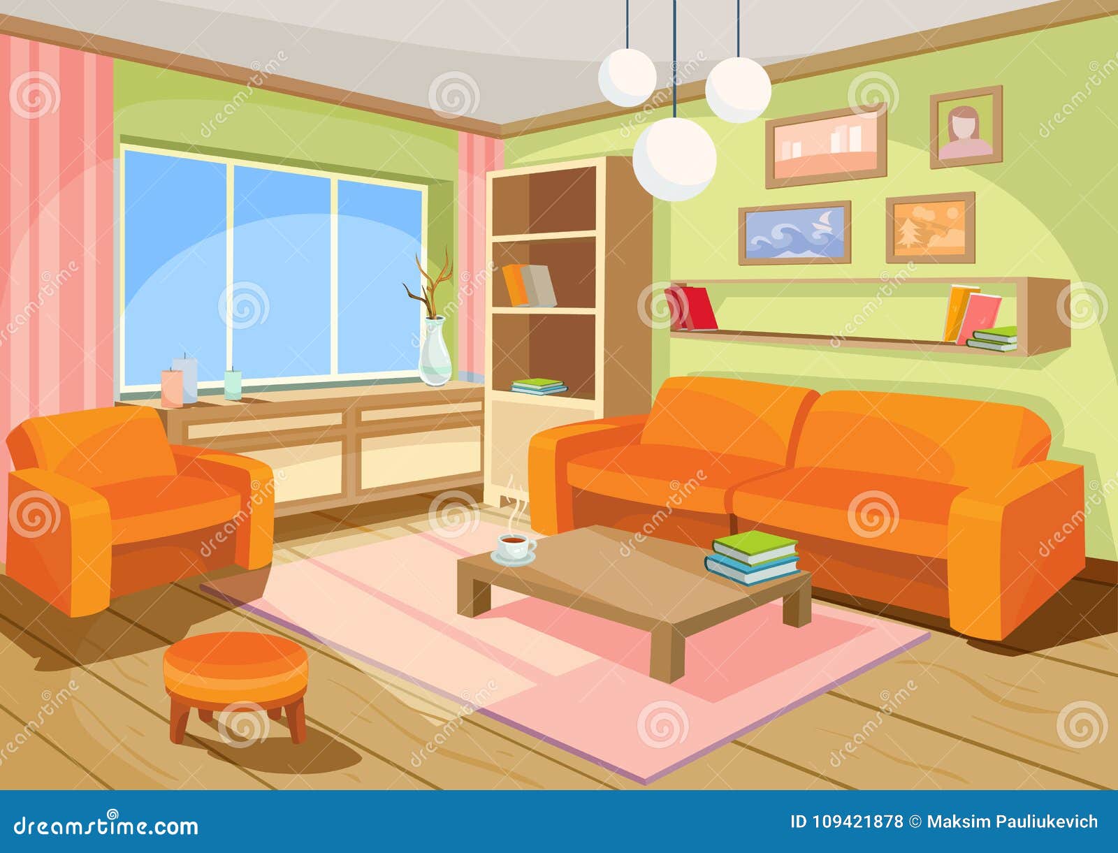 Illustration of a Cozy Cartoon Interior of a Home Room, a Living Room