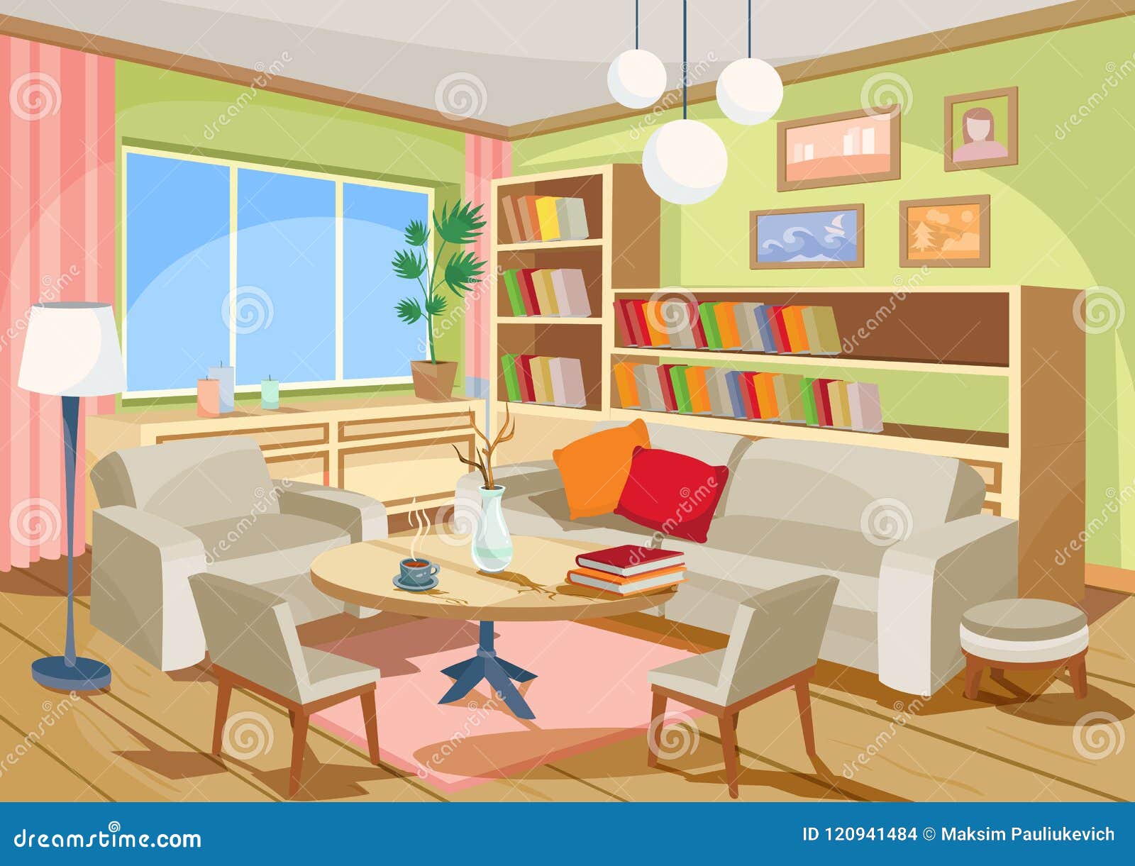 Illustration Of A Cozy Cartoon Interior Of A Home Room, A Living ...