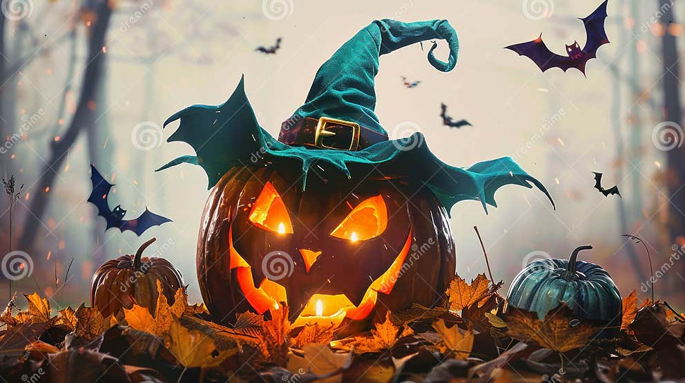 Illustration With A Creepy Hat Wearing Jack O Lantern Lying On Autumn Illustration With A Creepy Hat Wearing Jack O Lantern Lying On Autumn
