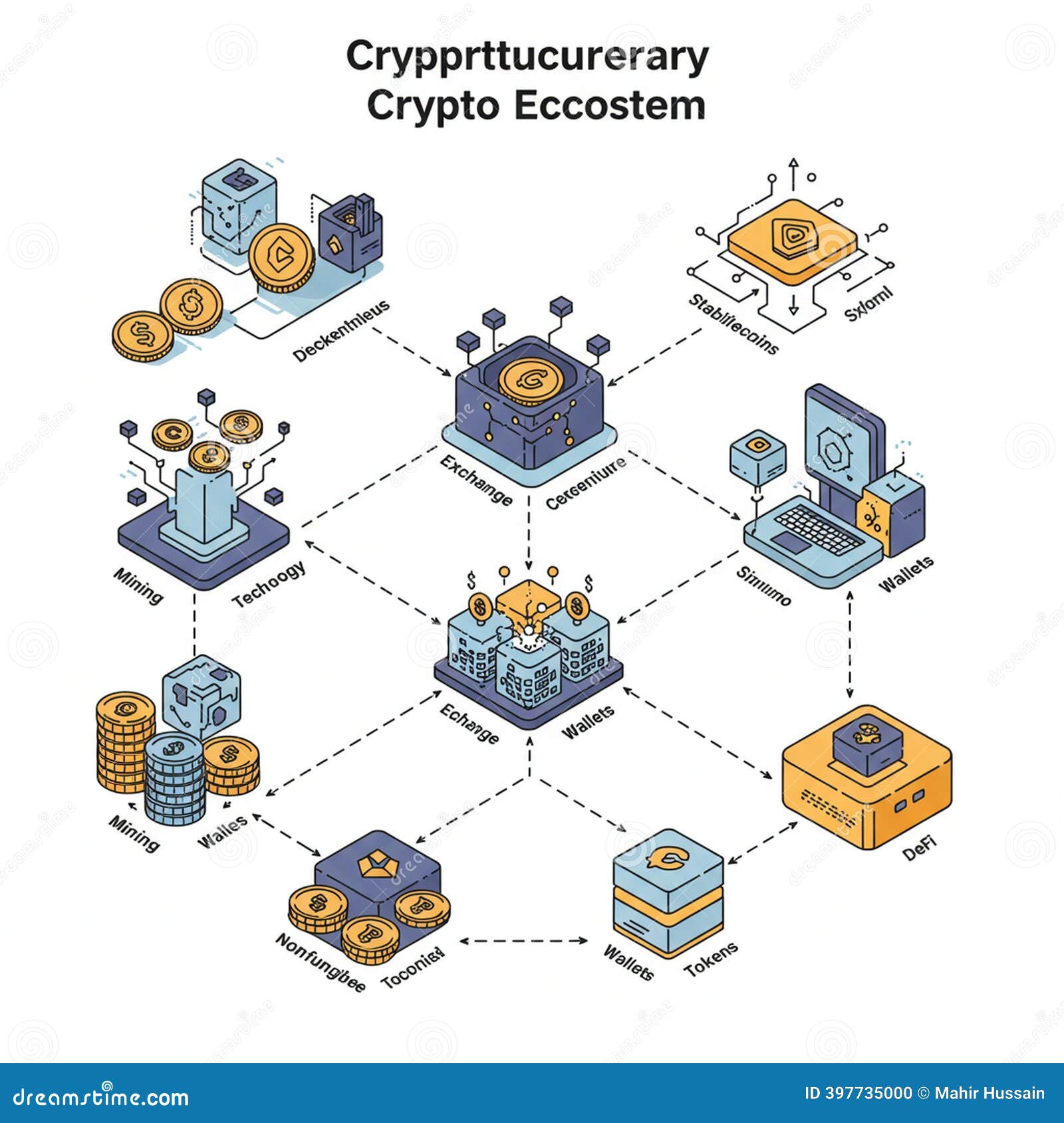 Illustration of a Crypto Ecosystem Displayed in a Network Diagram Format.  it Includes Stock Illustration - Illustration of summarizing, lines:  397735000