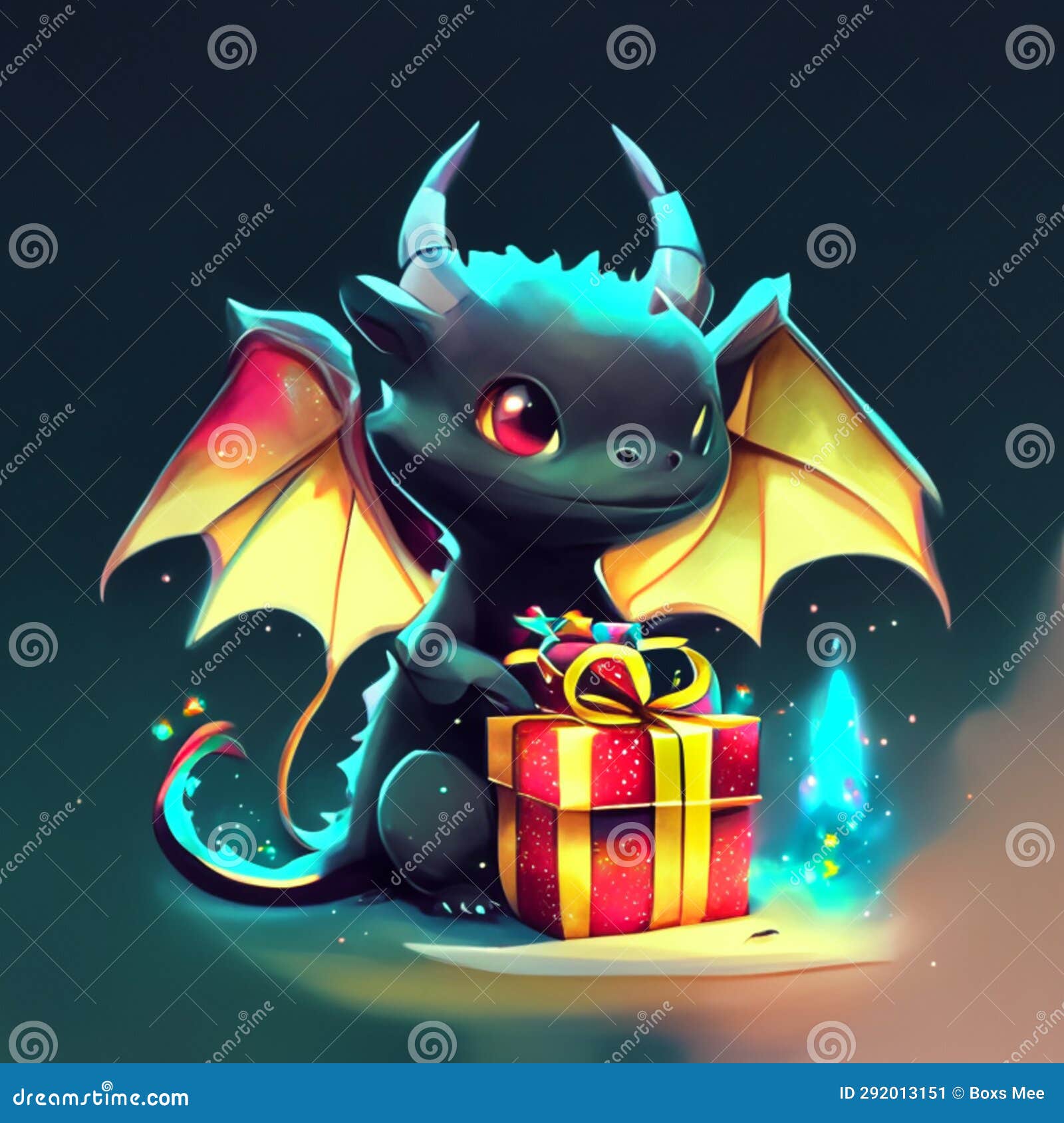 Illustration of a Cute Black Dragon with a Gift on a Dark Background AI