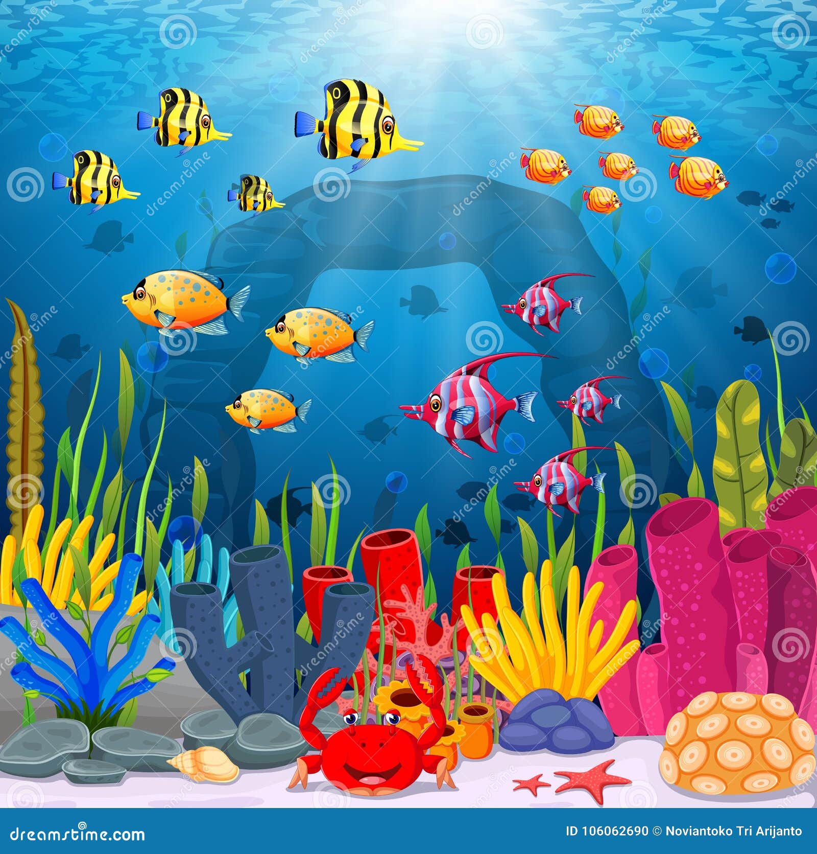 Cute Fish Cartoon in the Sea Stock Vector - Illustration of happy, seaweed:  106062690