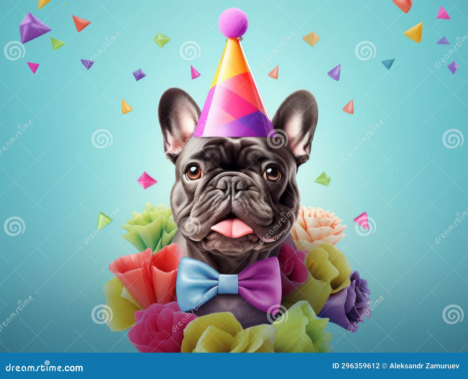 Illustration of Cute French Bulldog in Blue Birthday Hat on Colorful  Festive Background Stock Photo - Image of party, greetings: 296359612