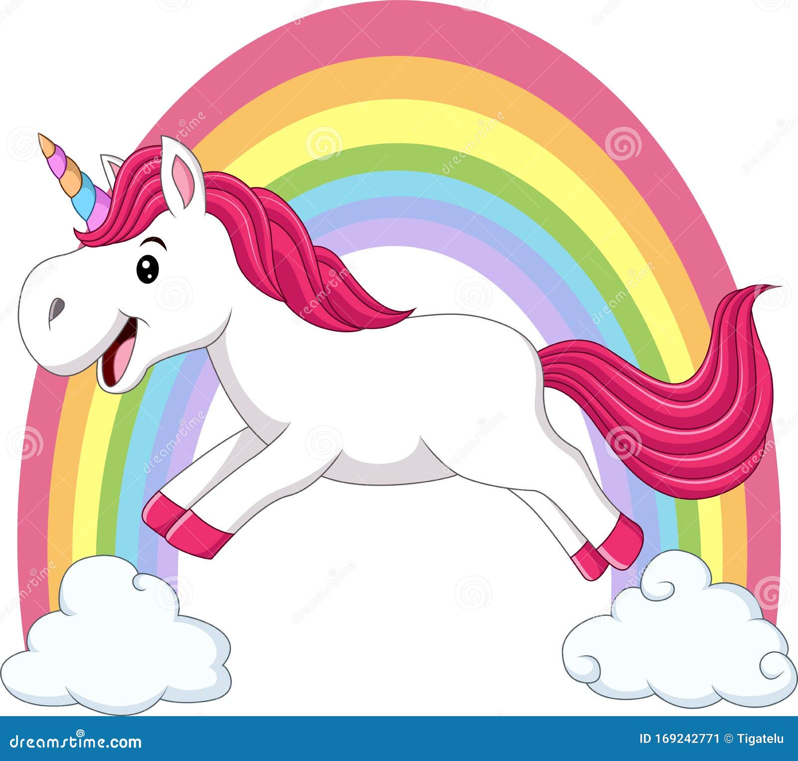 Cute Magical Unicorn Walking on the Clouds and Rainbow Stock Vector ...