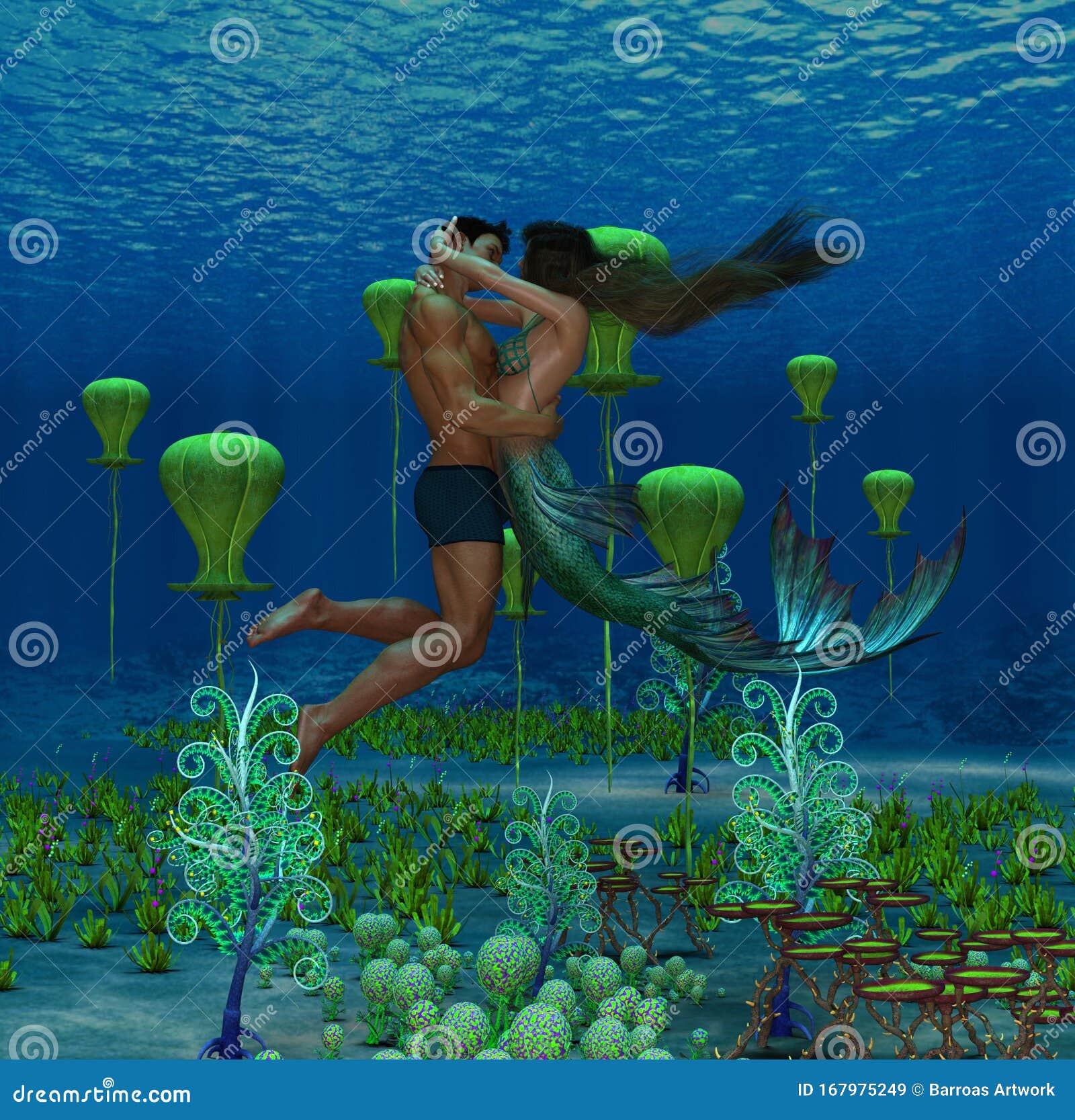 Illustration 3d De La Sirene De Semblant D Imagination Et De L Amour Humain S Embrassant Illustration Stock Illustration Du Centrales Arriere