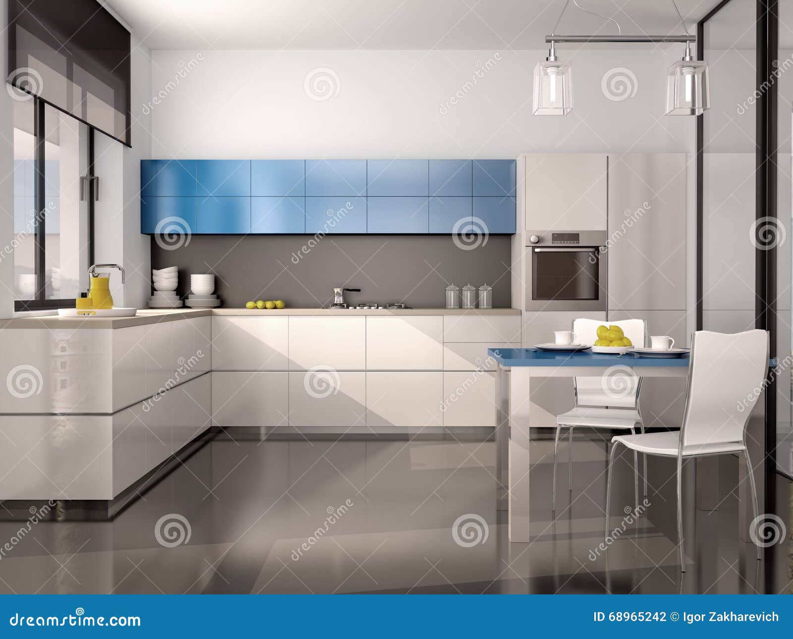 Illustration d'intérieur de cuisine moderne dans le gris bleu ...