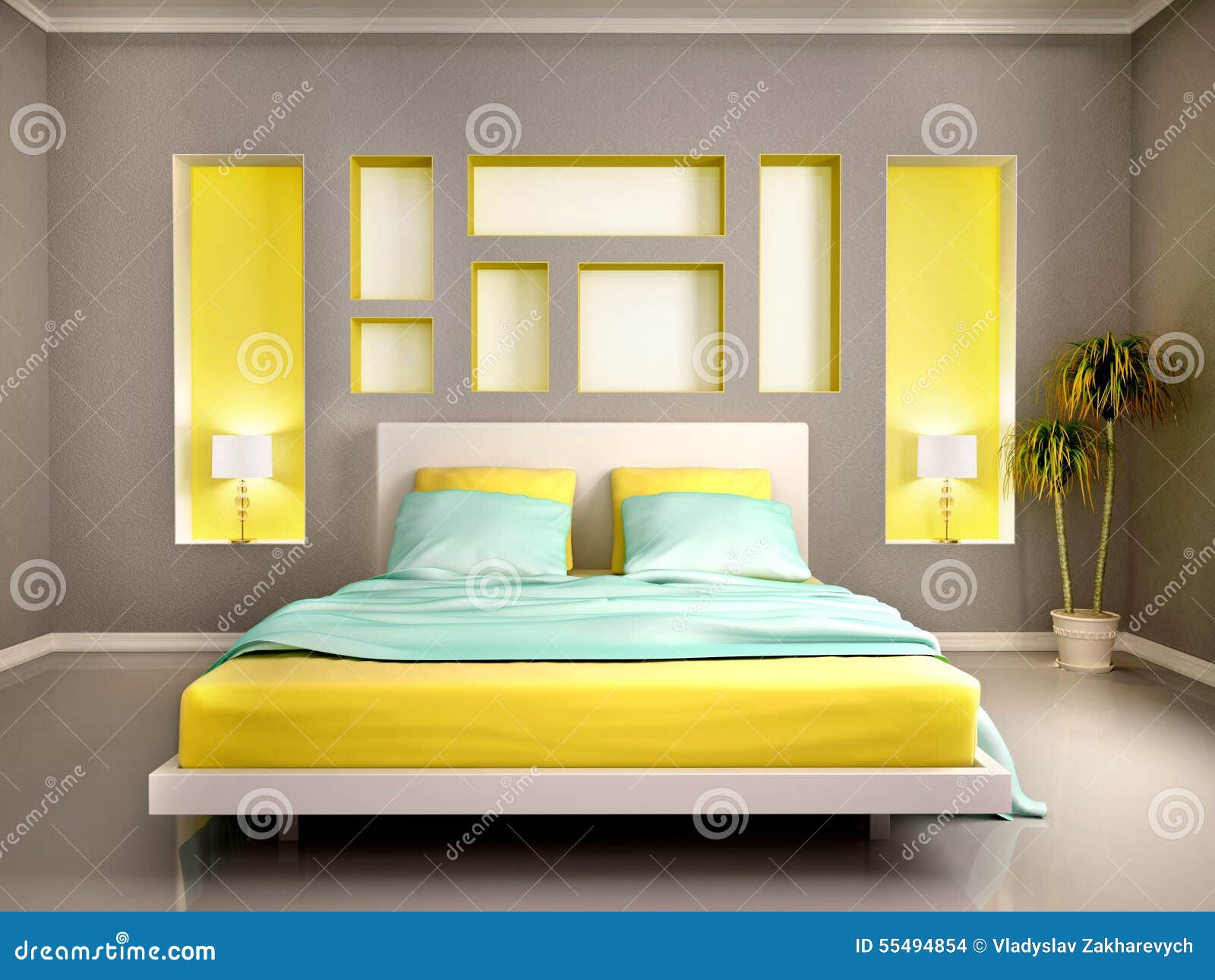 Chambre à coucher grise et décor jaune photo stock image: 41536105