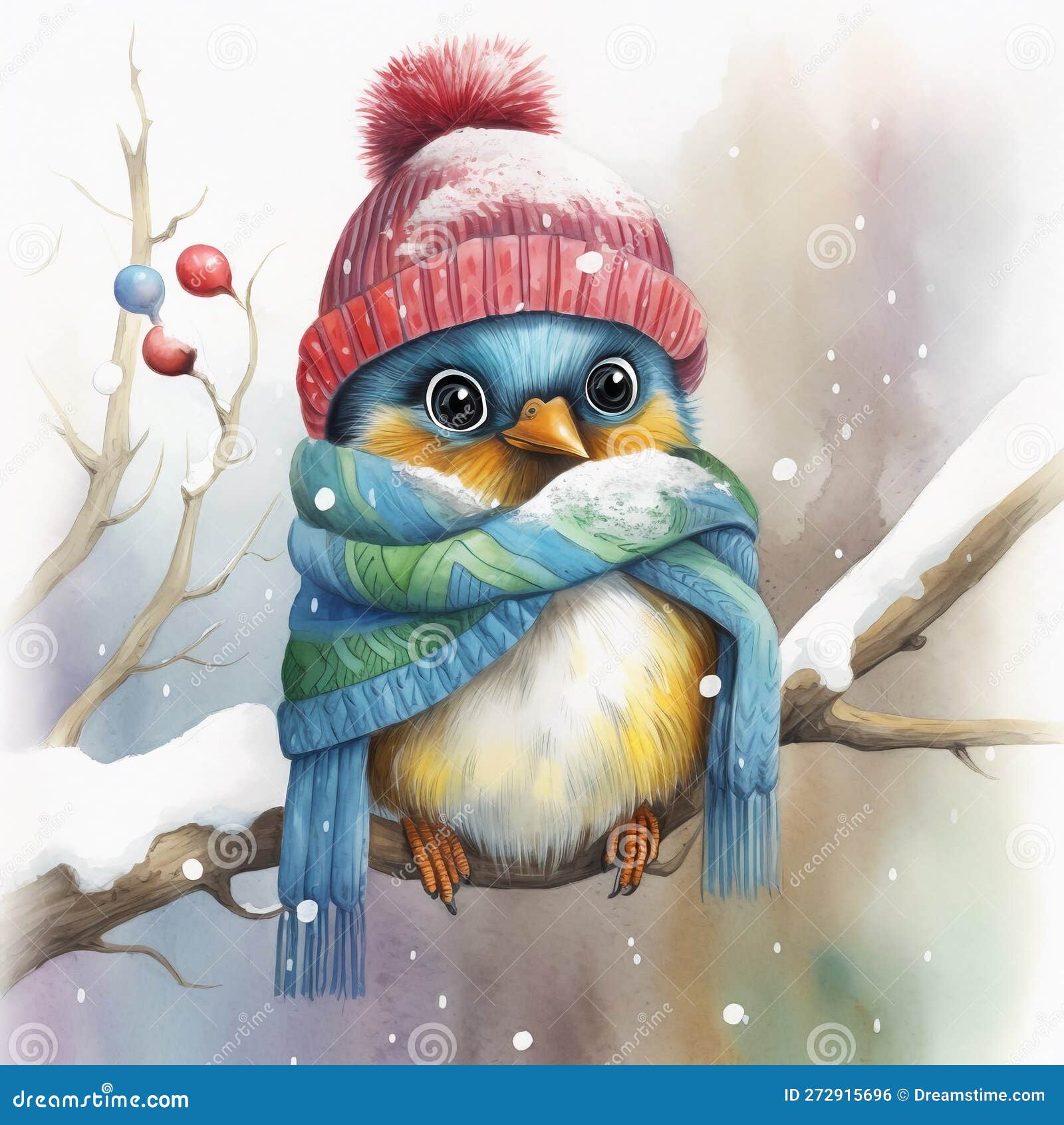 Illustration D’un Oiseau Mignon Dans L’aquarelle D’hiver Crayon Dessin …