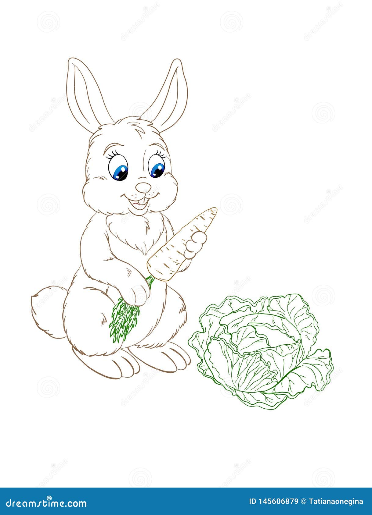 Illustration De Coloration Avec Le Lapin Mignon Drole De Bande Dessinee Avec La Carotte Et Le Chou Illustration Stock Illustration Du Delicieux Remede 145606879