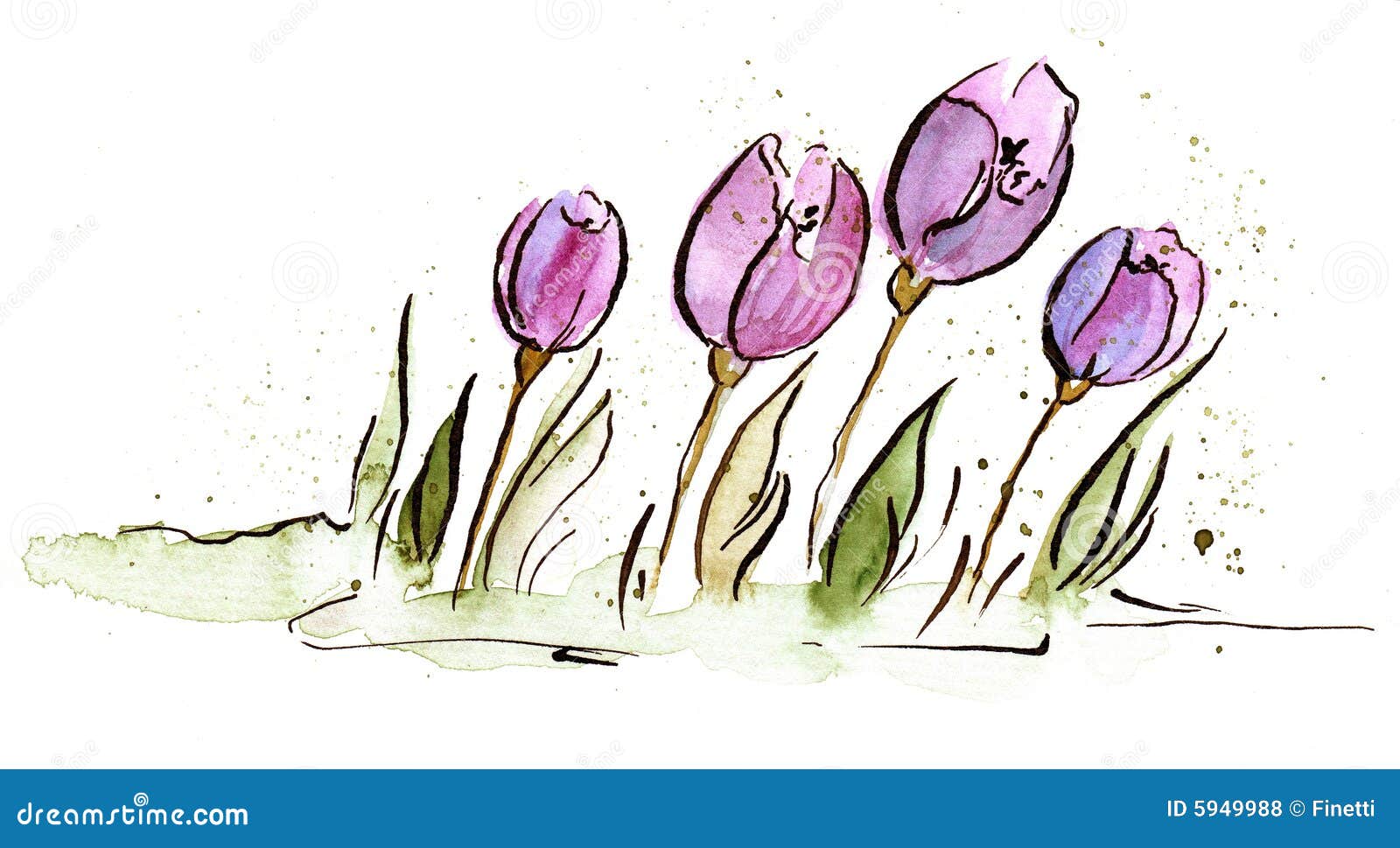 Illustration de tulipe de Pâques. L'abstrait a peint le fond floral avec les fleurs de tulipe et les lames violettes de vert sur le blanc. L'art est peint et produit par le photographe