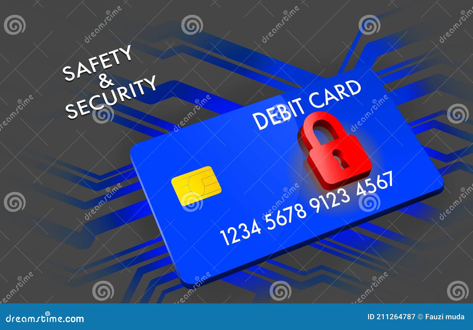 Illustration of Debit Card with Locked System and Security Stock