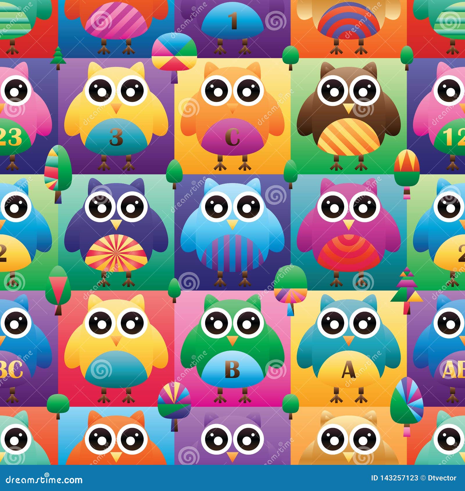 owl big eye square symmetry color seamless pattern