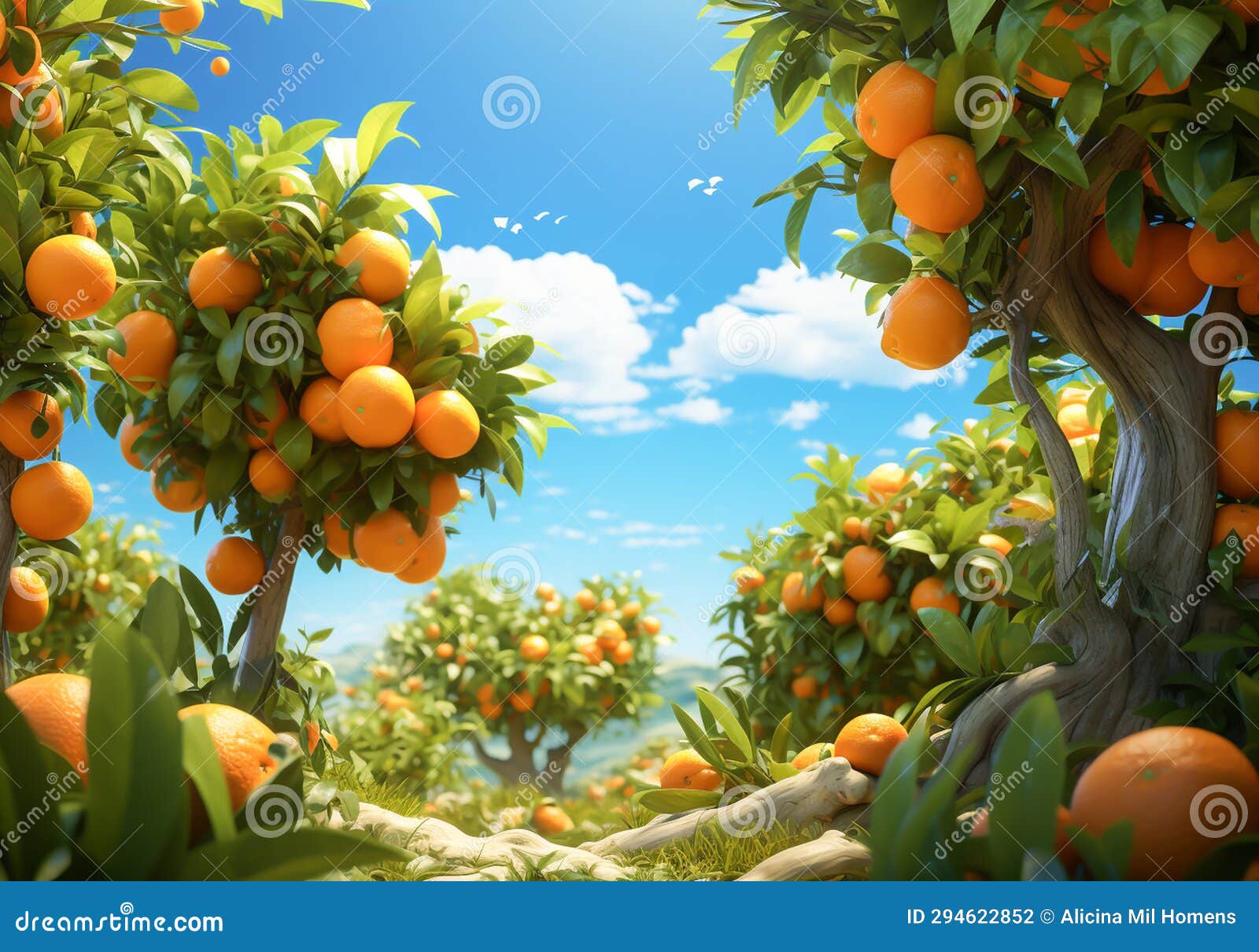 Illustration with Detail of an Orange Orchard. Generated AI Stock
