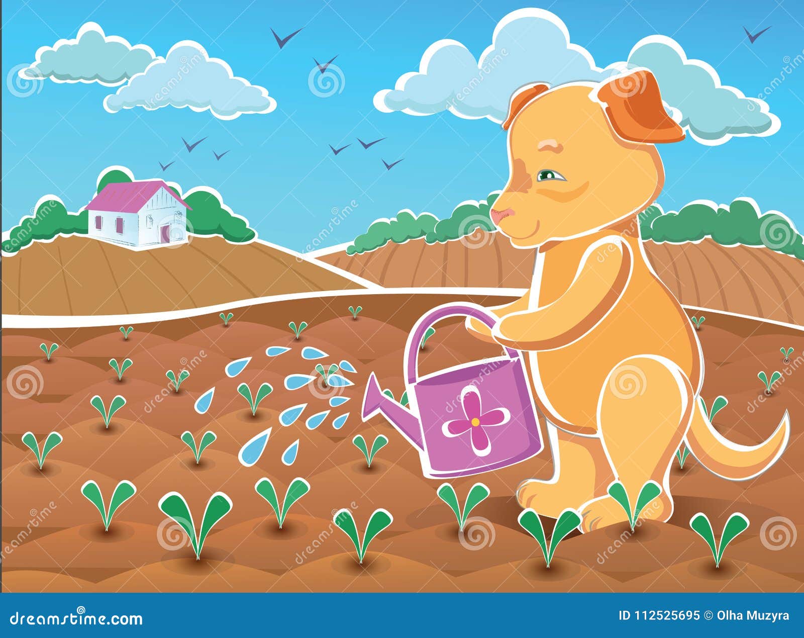 Illustration Dog Watering Seedbeds with Green Plants Stock Vector