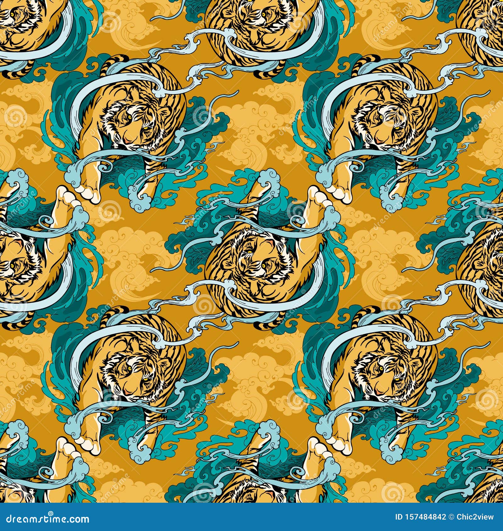  doodle and paint tiger walking  on cloud or haven  doodle and paint  for seamless pattern with  yel