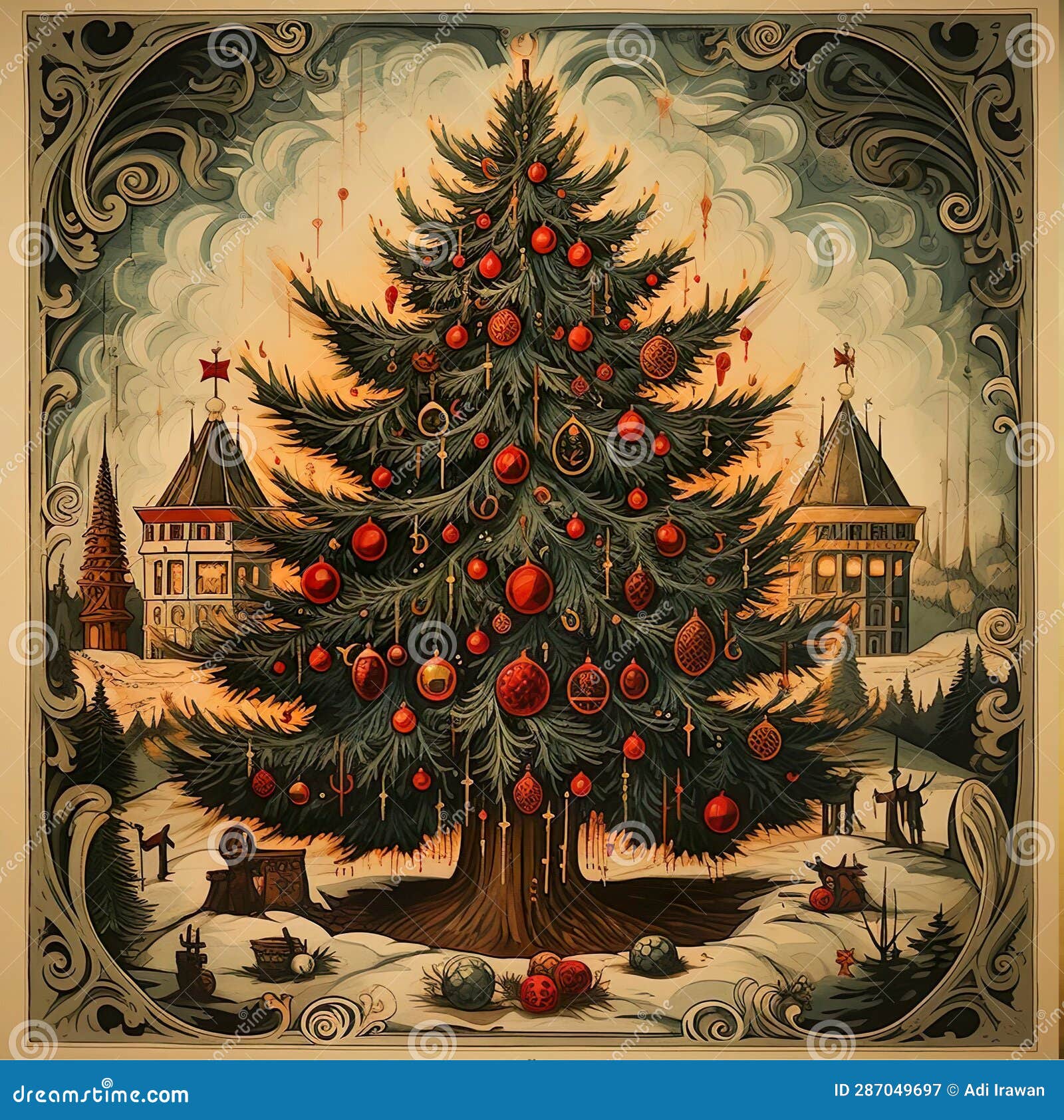 An Illustration Drawing Picture of a Christmas Tree with a House in the