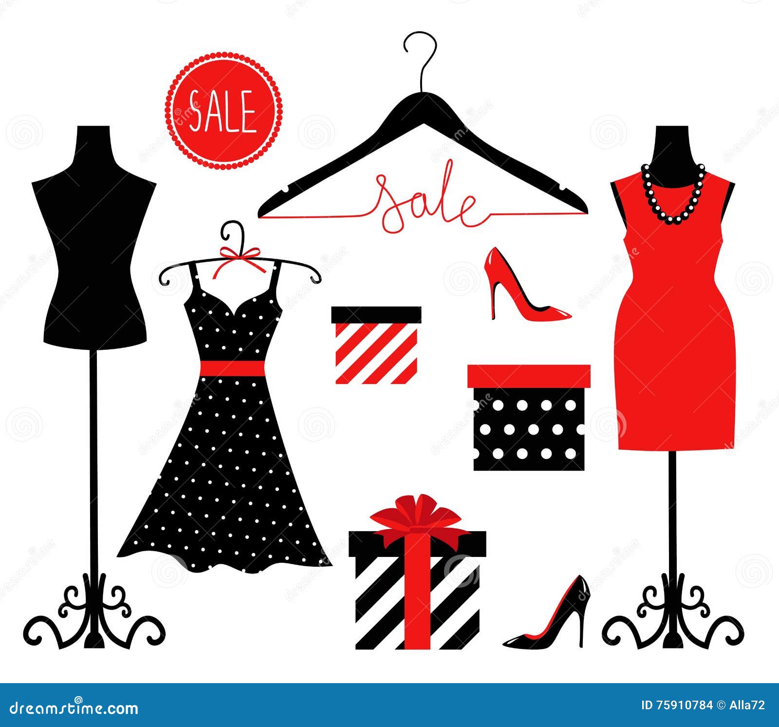 Illustration of a Dress on a Mannequin, Shoes and Gift Wrapping. Stock ...