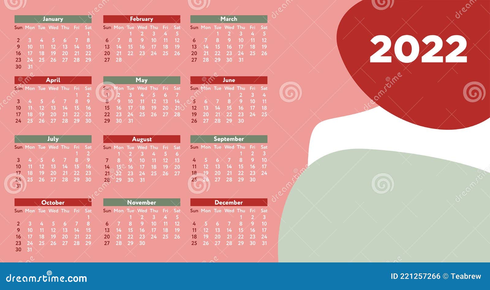 conception de modèle de calendrier mural mensuel pour 2022, année