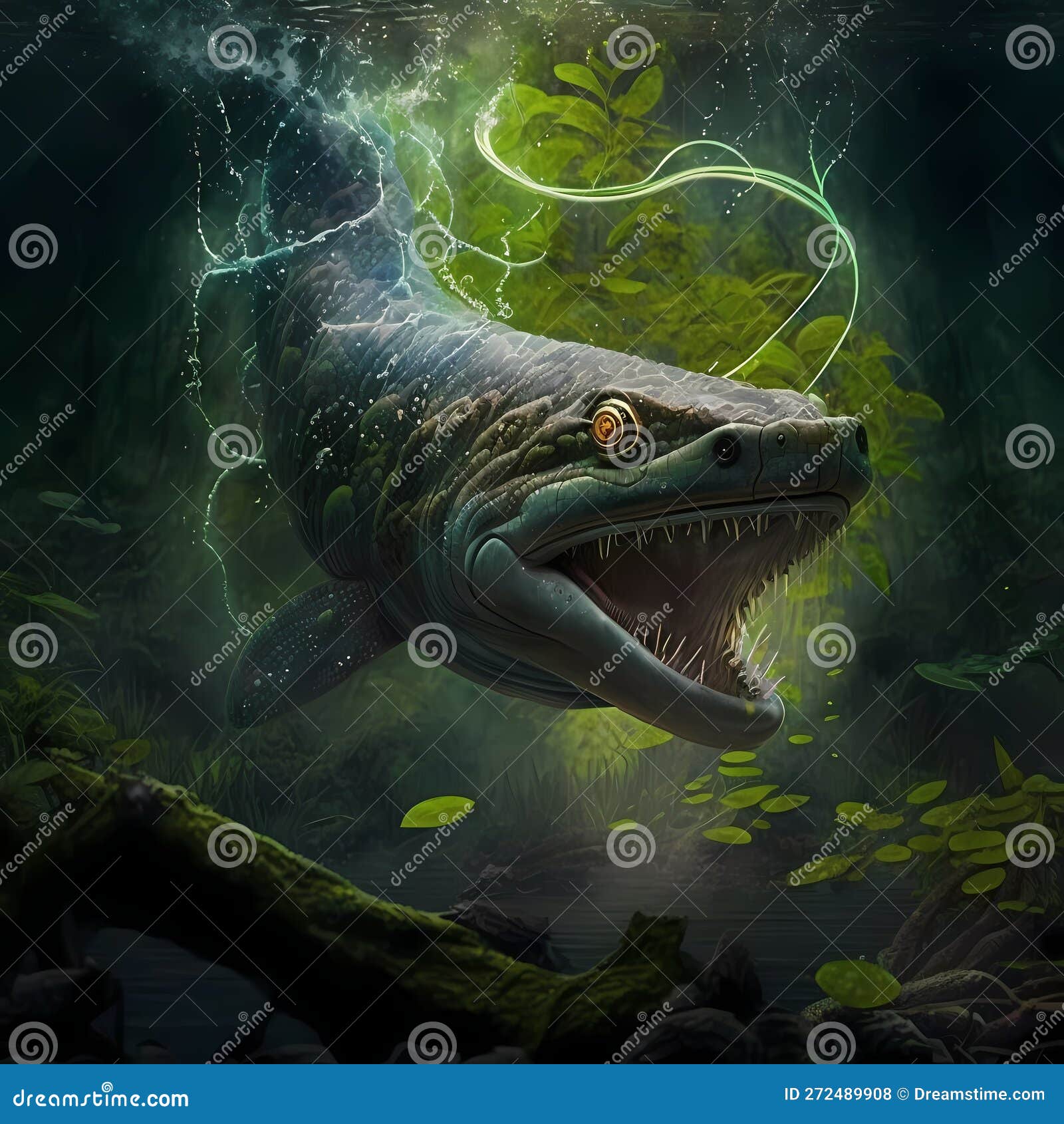 Electric Eel at Rainforest River. Generative AI Stock Illustration