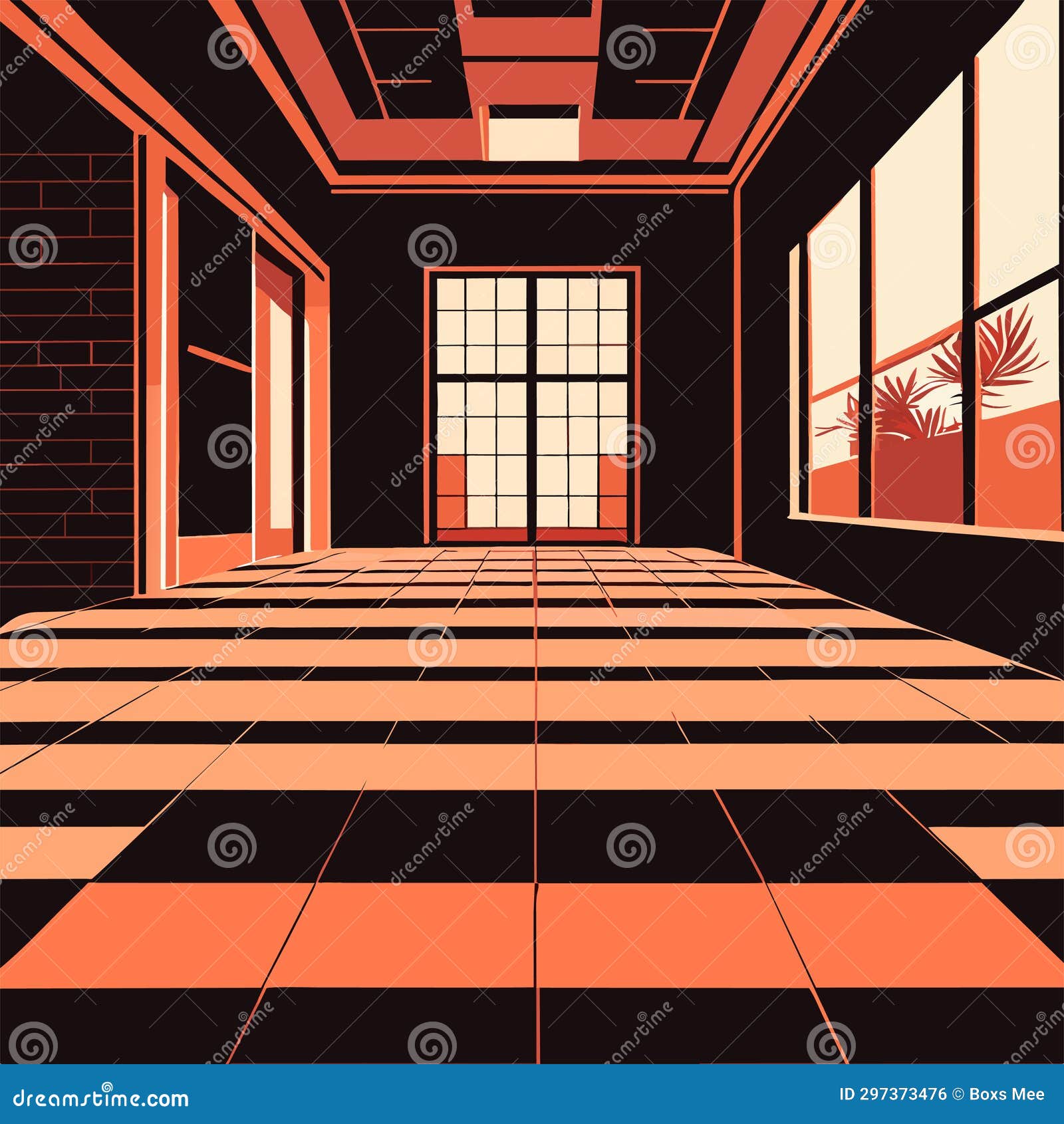 Illustration of an Empty Room with a Large Window in the Background