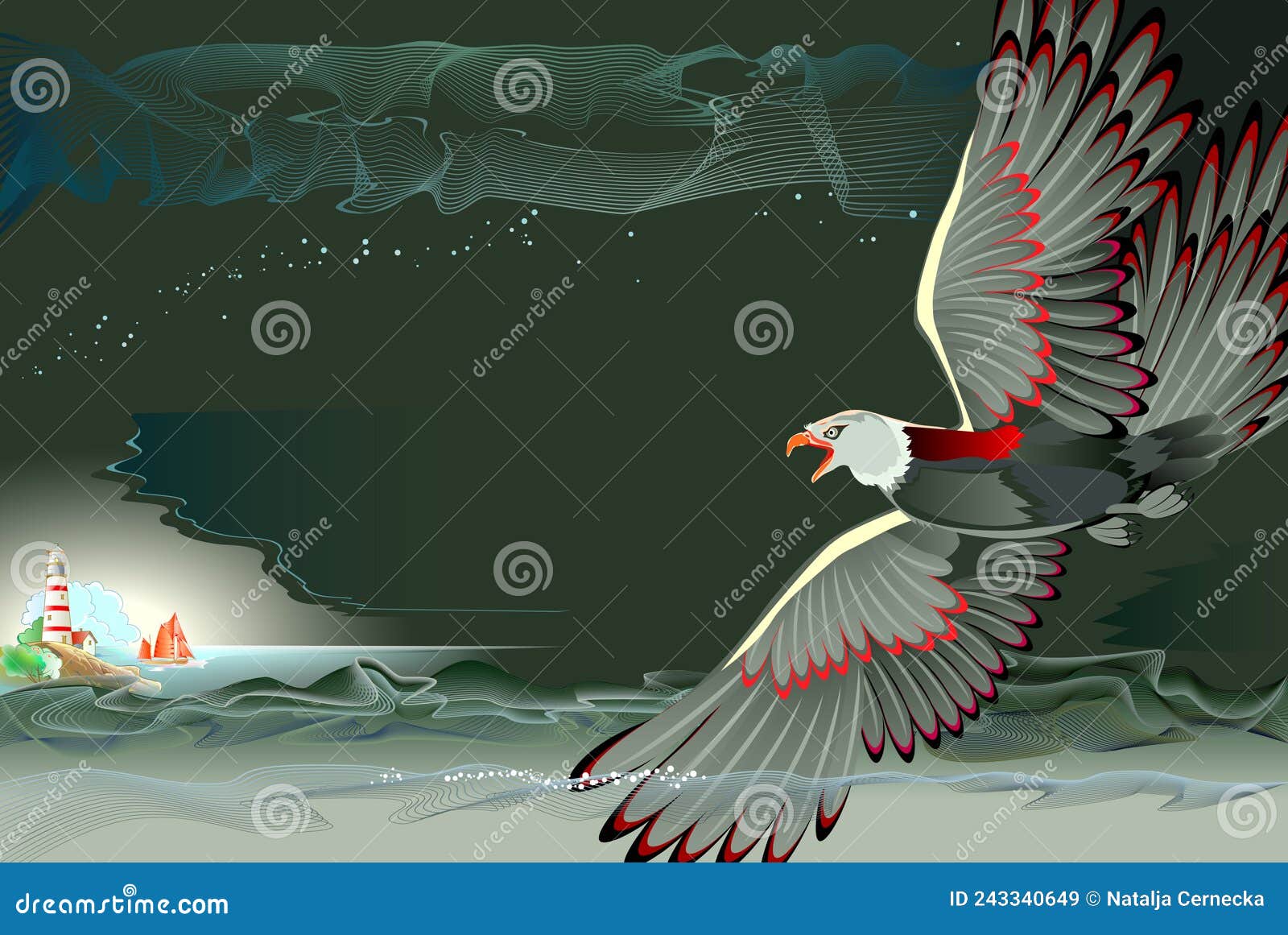 Illustration Of Fantastic Fairy Tale Bird Foreshadowing Storm. Symbolic