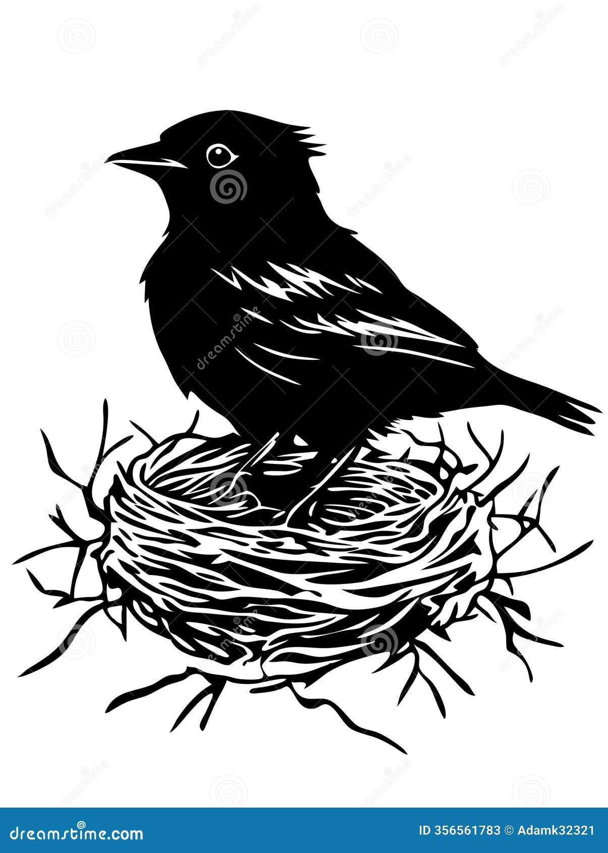 black bird perched on nest silhouette  for tattoo and coloring book 